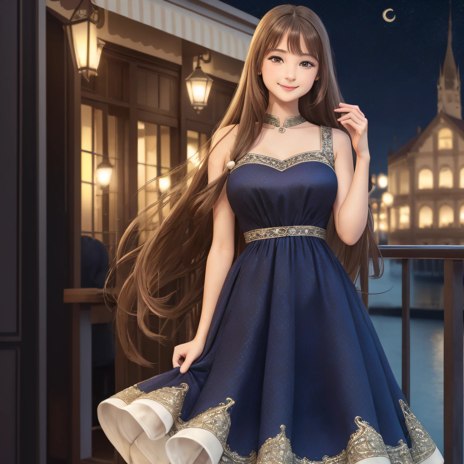 there is a woman that is standing in a dress by the water, fantasy dress, cute anime waifu in a nice dress, magical dress, intricate fantasy dress, wearing fantasy formal clothing, royal dress, romantic dress, royal elegant pose, regal dark blue clothes, fantasy style clothing, elegant dark blue dress, digital art of an elegant, baroque dress, elegant dress