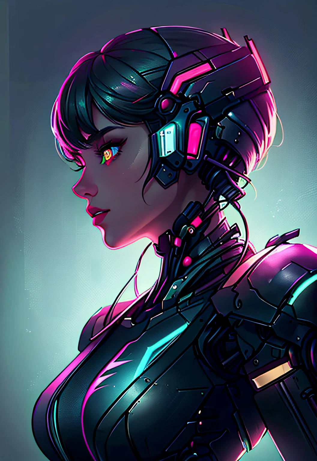 (Book cover) (masterpiece), (highest quality), (official art, highly detailed CG Unity 8k wallpaper), (very detailed), attractive profile picture, girl who became a cyborg, (beautiful eyes, glowing eyes, heterochromia: 1.5) ninja, hero, lazy, antisocial, meme, neon cold lighting, retro futuristic, vaporwave,