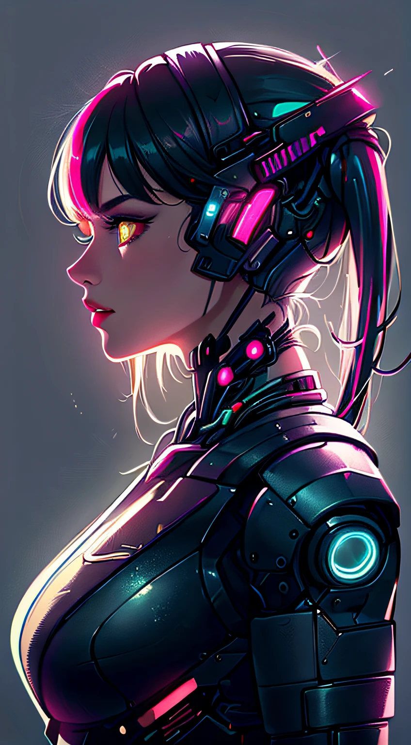 (Book cover) (masterpiece), (highest quality), (official art, highly detailed CG Unity 8k wallpaper), (very detailed), attractive profile picture, girl who became a cyborg, (beautiful eyes, glowing eyes, heterochromia: 1.5) ninja, hero, lazy, antisocial, meme, neon cold lighting, retro futuristic, vaporwave,