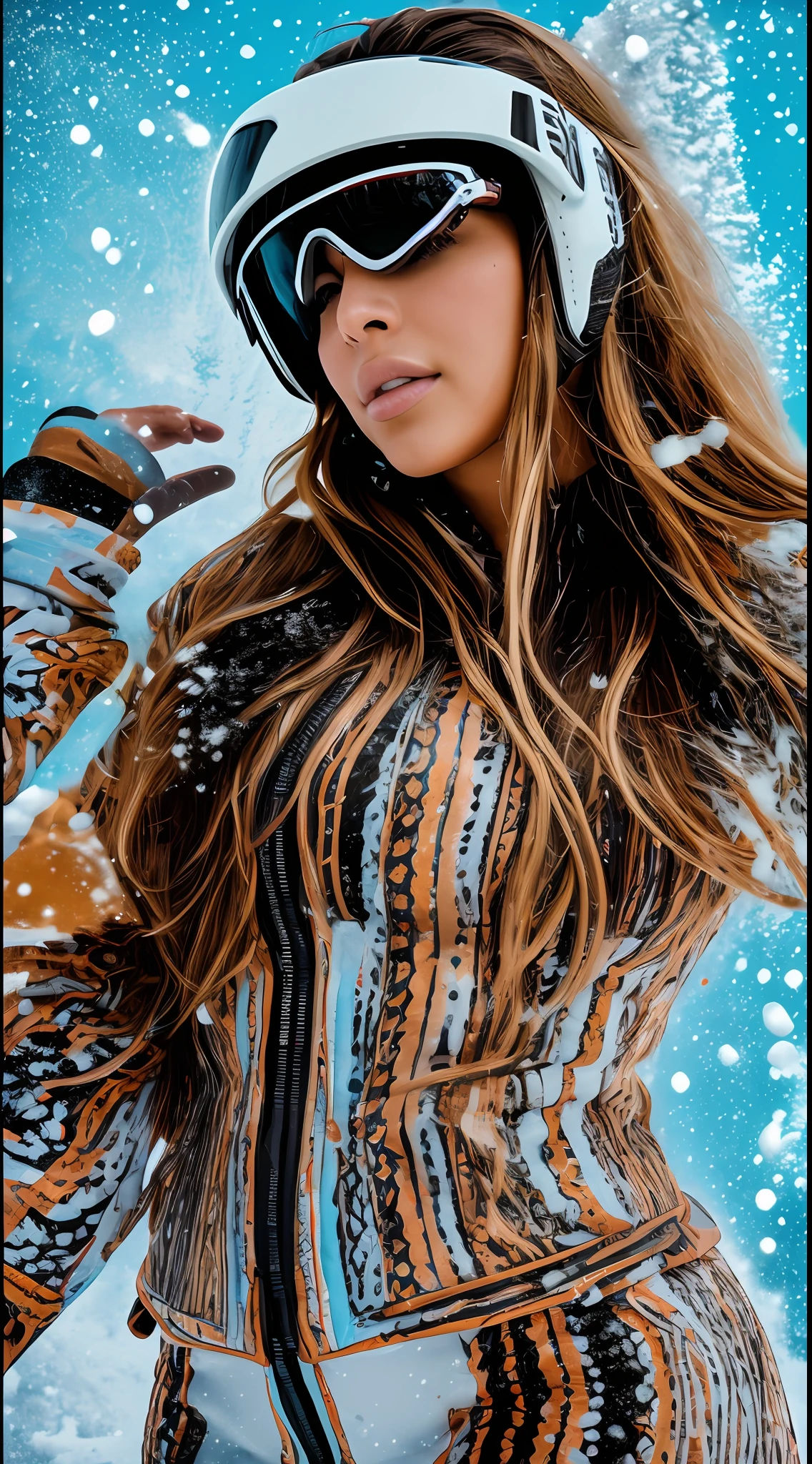 Portrait of a woman, Kim Kardashian, long brown hair dyed blonde, skiing, with black yoga clothes and black fur coat, skiing with ski helmet, ski suit, skiing in Saint Moritz, perfect body, beautiful curves, (8k), (16k), d epth of field, volumetric fog, RAW, analog, 8k, h igh res, DSLR, high quality, Fujifilm XT3, film gra in, (masterpiece), (realistic photo), 8k, 16k, (extreme res), (ultra high res)