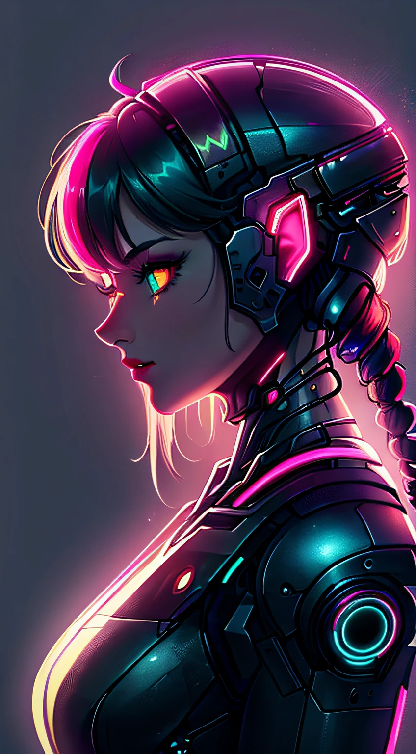 (Book cover) (masterpiece), (highest quality), (official art, highly detailed CG Unity 8k wallpaper), (very detailed), attractive profile picture, girl who became a cyborg, (beautiful eyes, glowing eyes, heterochromia: 1.5) ninja, hero, lazy, antisocial, meme, neon cold lighting, retro futuristic, vaporwave,