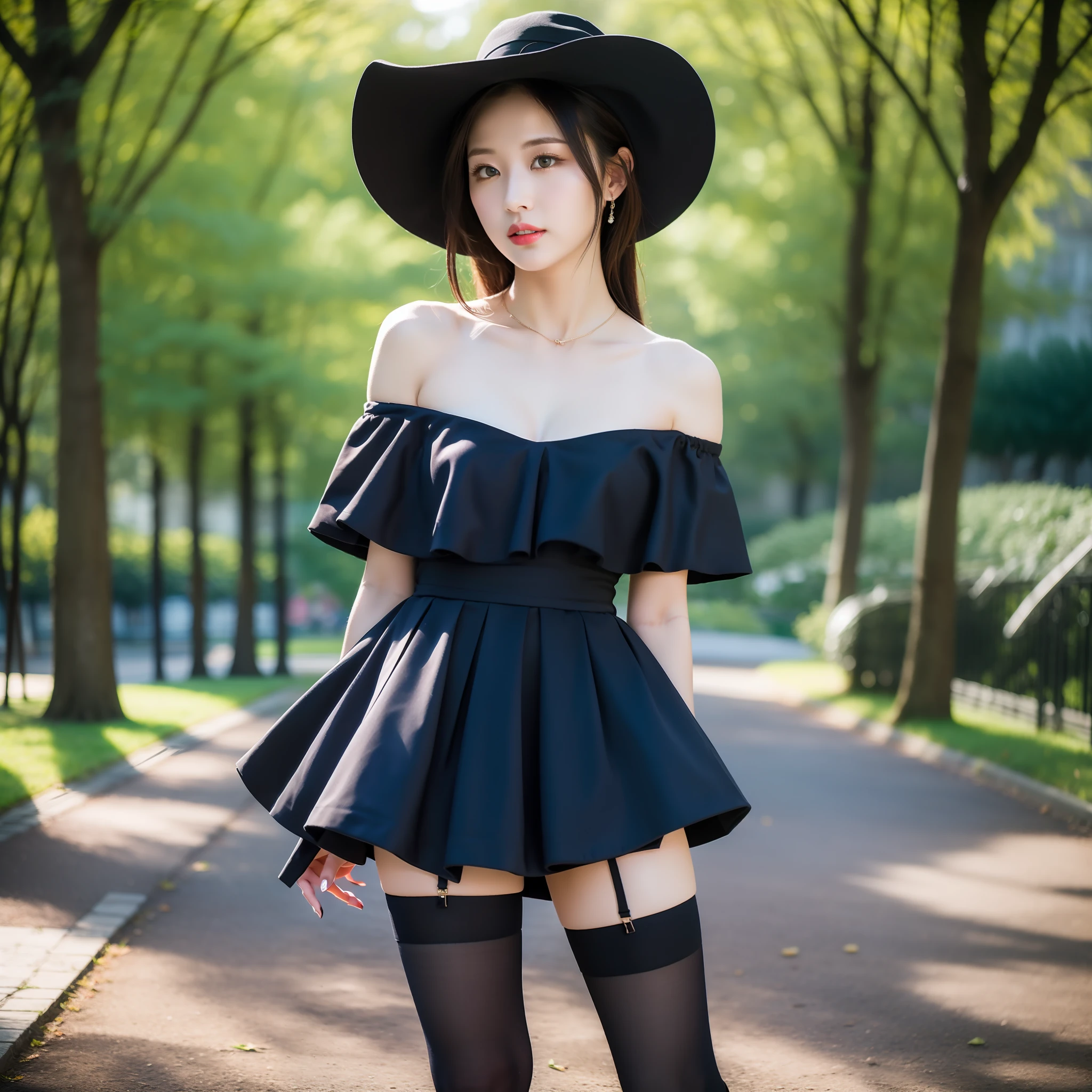 Best Quality, Masterpiece, Ultra High Resolution, (Realism: 1.4), Original Photo, 1girl, Offshoulder, In the Dark, Deep Shadow, Low Key, Cold Light, In the Park, Black Stockings, High Heels, Professional Wear