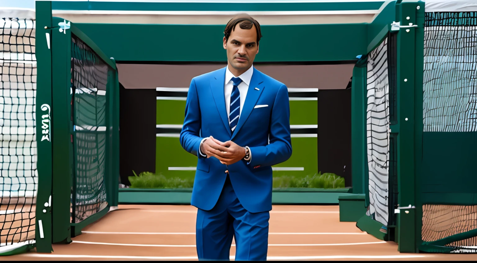 Roger Federer, standing at the net, Wimbledon Tennis center court, wide full body portrait, wearing a light color single button jacket with lapels, blue striped shirt, polka dot tie, even studio light, photorealistic, Goerz Hyperon 6.5mm F/8 camera.