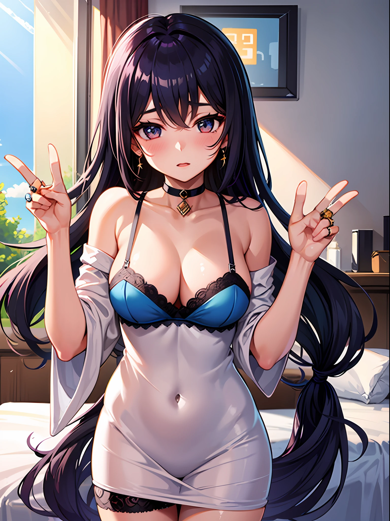 (butt), (bedroom), (sexy girl), masterpiece, best quality, 1girl, bangs, blush, breasts, collarbones, ear piercings, eyebrows visible through hair, jewelry, long hair, looking at the viewer, bright eyes, ring, (solo), illustration, fashionable, woman, posing, background, elements, confident, expression, accessory, majestic, eye-catching, focus, dynamic pose, ((thin))