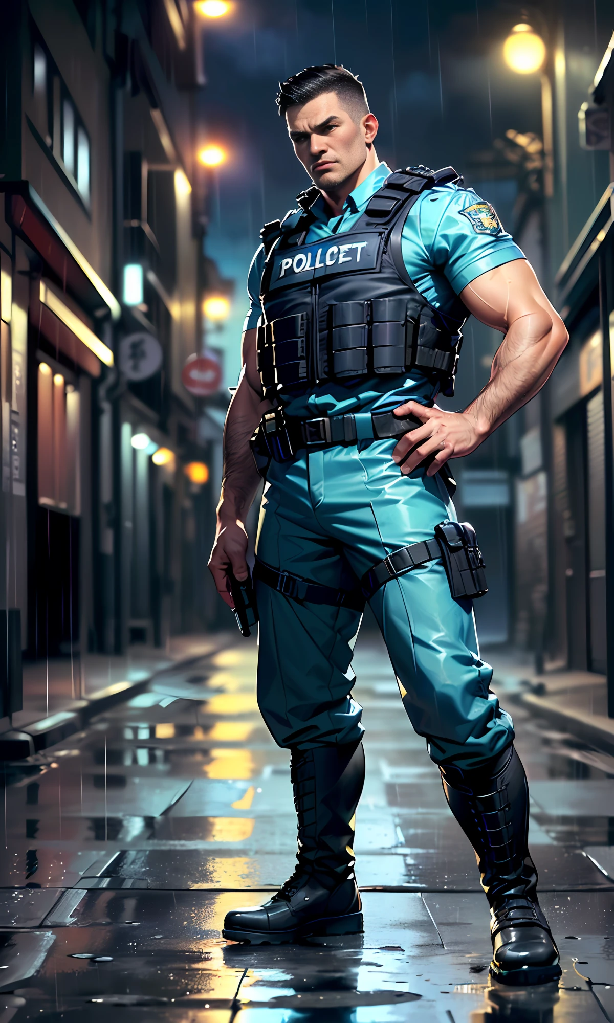 ( 
    (Character: one police man, japanese, short hair, muscular) 
    (Clothing:  bulletproof vest, tactical boots)
    (Pose: full body shot:1.7, Standing at attention, arms behind back, serious)
    (Background:dark alley, intense urban lights in background, rain, blue color scheme) 
    (Style: ((Best quality)), ((masterpiece)), (face detailed), photo-realistic:1.3, hyperrealistic) 
)