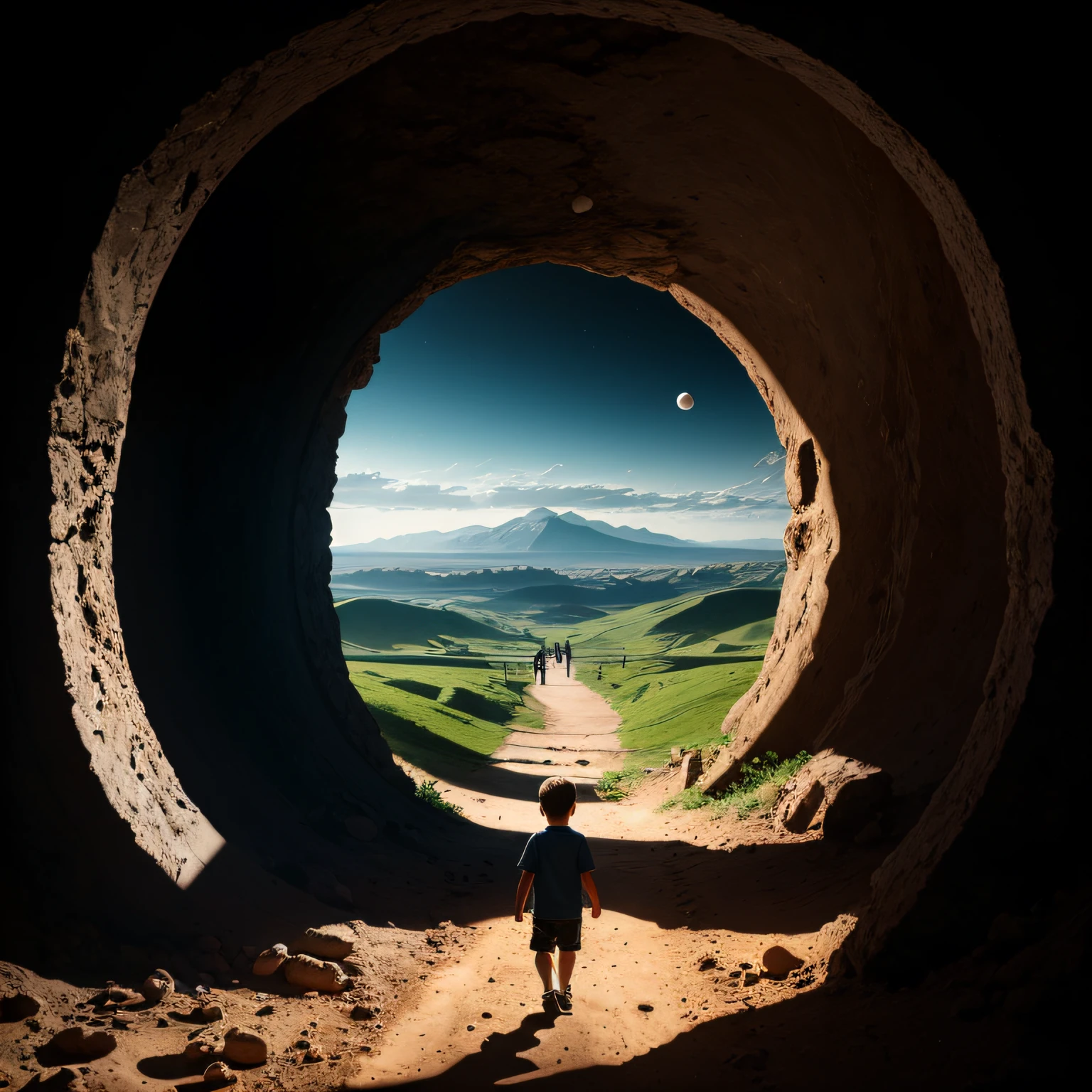 Landscape seen from afar from a child walking on Jupiter towards a portal to another dimension --auto