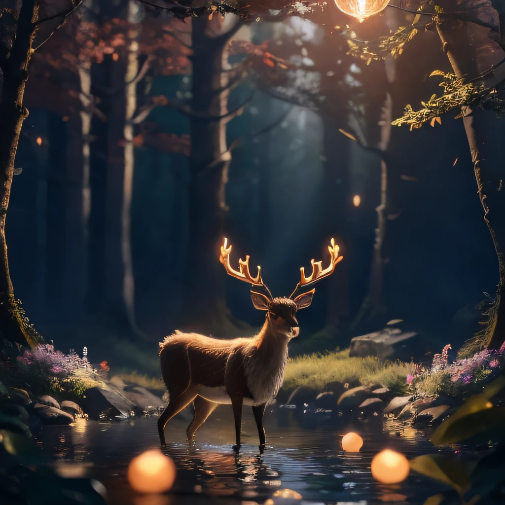Masterpiece, best quality, (very detailed CG unified 8k wallpaper), (best quality), (best illustration), (best shadow), glowing elf with a glowing deer, drinking water in the pool, natural elements in forest theme. Mysterious forest, beautiful forest, nature, surrounded by flowers, delicate leaves and branches surrounded by fireflies (natural elements), (jungle theme), (leaves), (branches), (fireflies), (particle effects) and other 3D, Octane rendering, ray tracing, super detailed , deer --v6