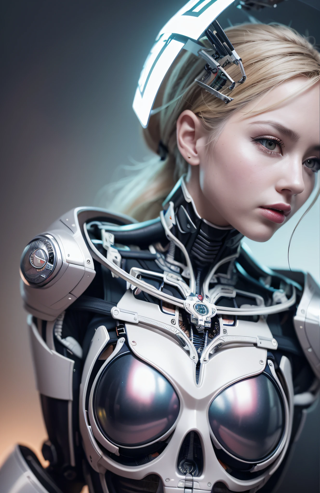 Complex 3d render ultra-detailed beautiful porcelain profile female android face, cyborg, robot parts, 150mm, beautiful studio soft lights, rim lights, vivid details, gorgeous cyberpunk, racing, surreal, anatomical , facial muscles, cable wires, microchip, elegant, beautiful background, octane rendering, HR Giger style, 8k, top quality, masterpiece, illustration, very delicate and beautiful, highly detailed, CG, uniform, wallpaper, ( Realistic, Photorealistic: 1.37), Awesome, Finely detailed, Masterpiece, Top quality, Official art, Highly detailed CG unity 8k wallpaper, Absurd, Incredibly absurd, Robot, Silver Halmet, Full body, Sitting
