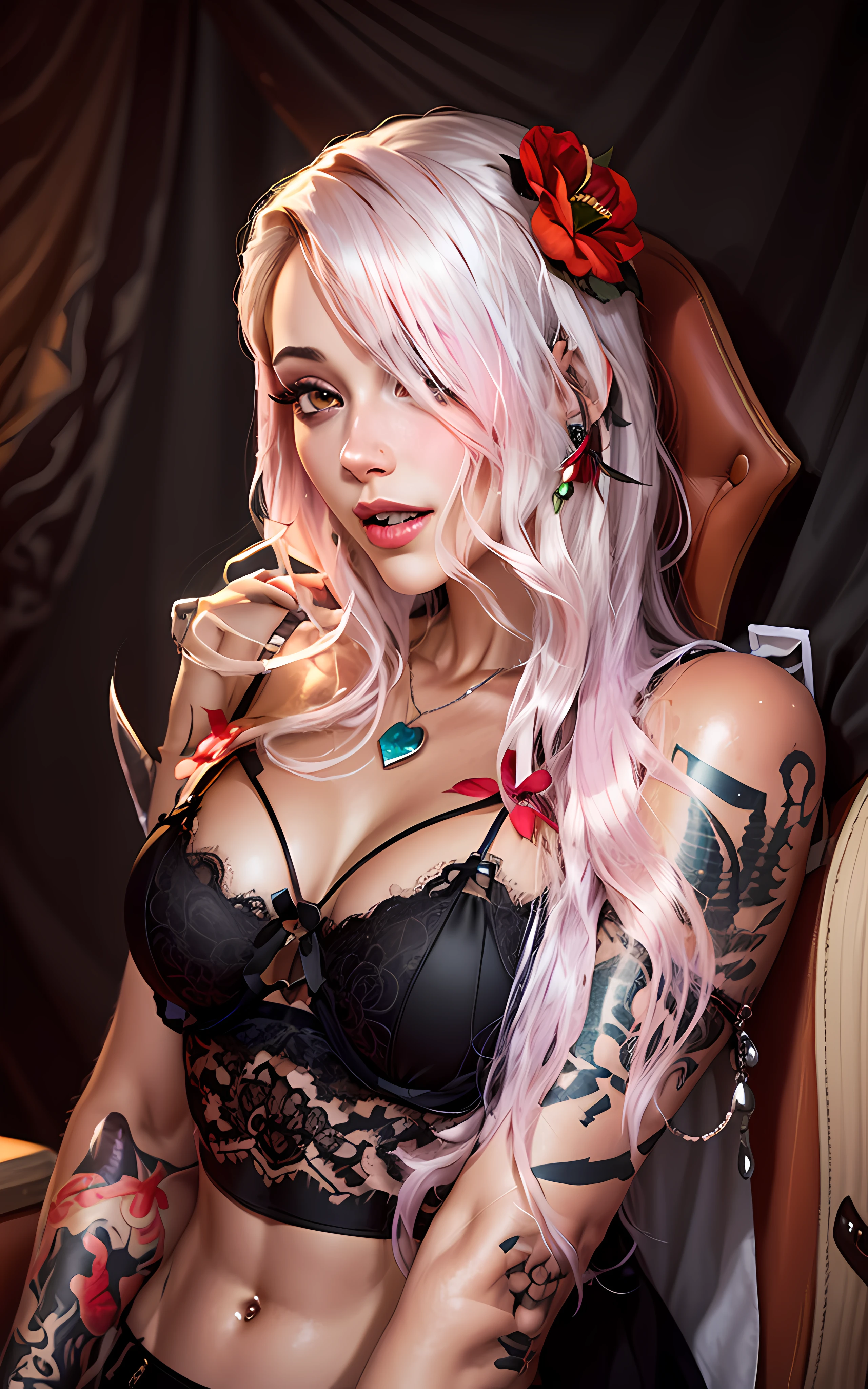 arafed woman with tattoos and a red flower in her hair, amouranth, lacey, belle delphine, bralette, profile image, anna nikonova aka newmilky, 🐝👗👾, tiny black bra, reddit, black bra, angelawhite, better known as amouranth, angiewolf, cutecore, fairycore