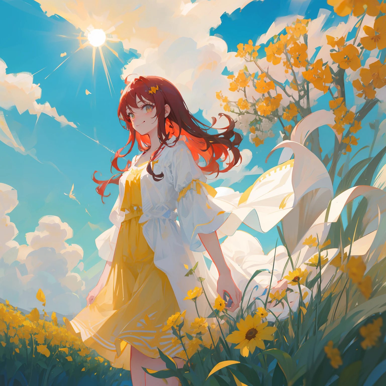 Absurd resolution, high-resolution, super detailed, (1 woman: 1.3), smile, 1 girl, she wears white summer clothes, red hair fluttering in the wind, yellow flowers, bright blue sky and sunlight, perfect chest, lovely hands walk through the vast field, hold the viewer's hand and smile at him, healthy, happy, ray tracing, ultra-detailed environment