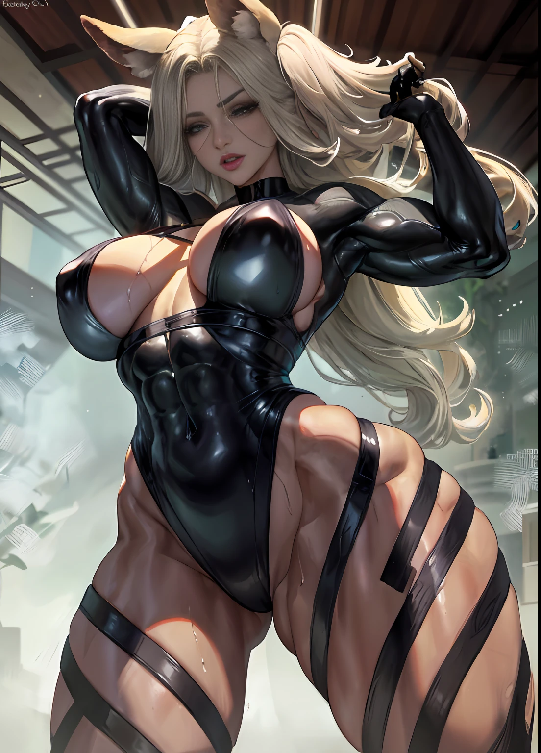 1girl, gorgeous, muscular, thick thighs, mature female, abdominals, wide hips, (masterpiece, high quality: 1.1), shiny skin, soft skin, smooth skin, chest recoil, tight suit, agitated, curvy, fit, toned, camel's finger, lipstick, thick lips, makeup, highly detailed, kawaii, wet and shiny, micro bikini, erotic pose, big butt, big breasts, camel's paw