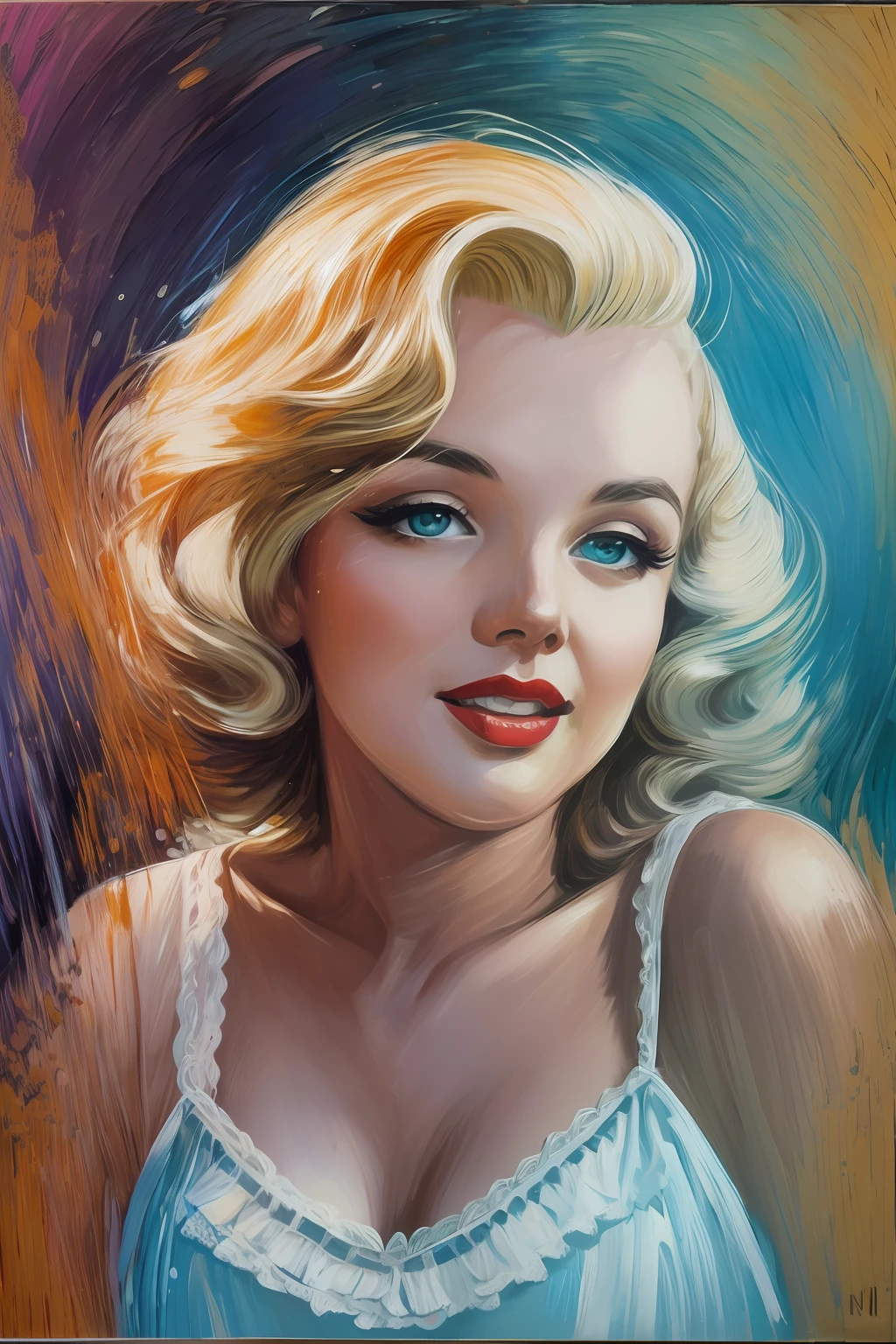 Young Marilyn Monroe, Alice in Wonderland, Movie, Movie, Hollywood, Actress, Cult Role, Retro, Vintage, Blonde, Beauty, Celebrity, Stunning, High Detailed, 8k, Ornate, Intricate, Cinematic, Dehazed, Atmospheric, Nikon D850, AF-S NIKKOR 200-500mm f/5.6E ED VR,
 ISO 800, 1/500s, f/5.6, Continuous AF, Single Shot, Spot Metering, Daylight White Balance, Monopod (oil painting: 0.75), (splash art: 0.75), (turquoise: 0.2), (orange: 0.2), (Jeremy Mann: 0.5), (John Constable: 0.1), (El Greco: 0.5), (acrylic paint: 0.75), 8k, ((face close-up))