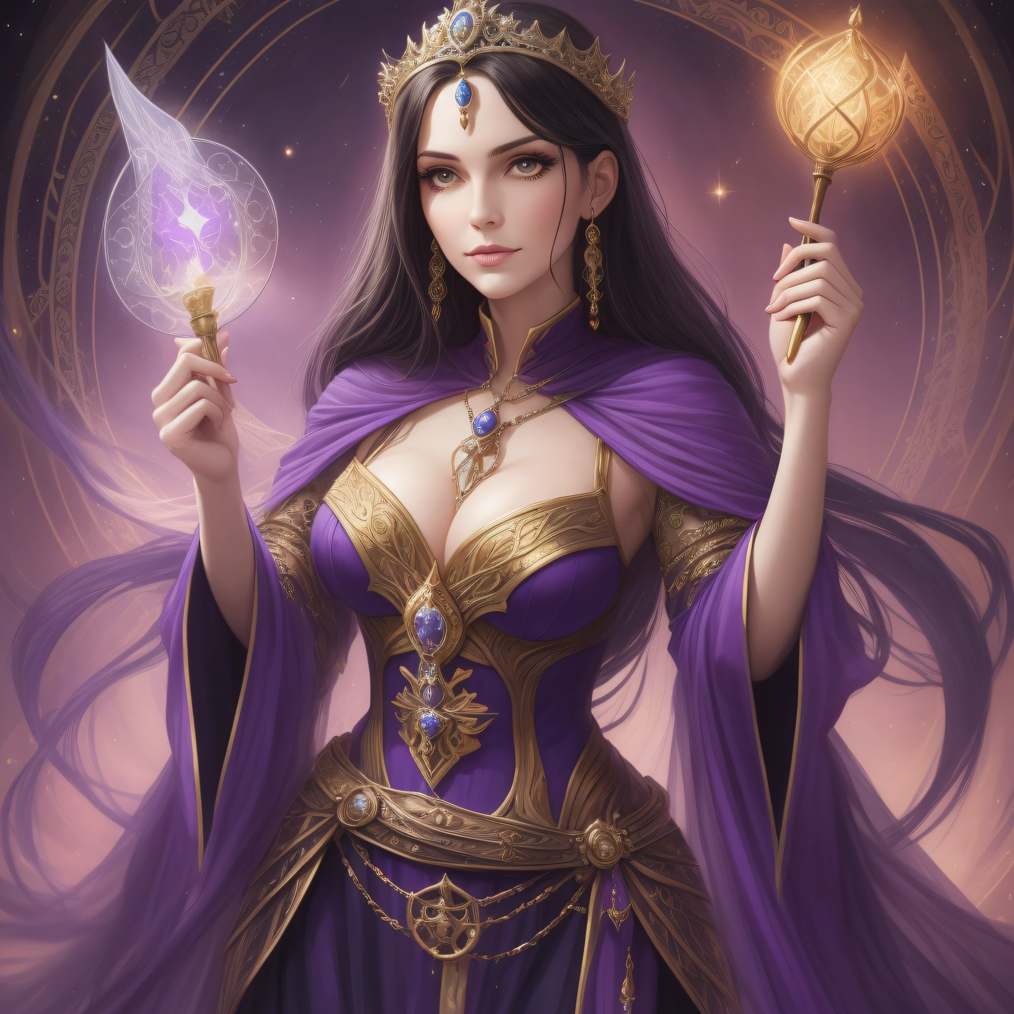a close up of a woman in a purple dress holding a fan, beautiful sorceress, a beautiful fantasy empress, a beautiful sorceress, beautiful celestial mage, elfic priestess, portrait of a sorceress, liliana vess, beautiful sorceress female, beautiful female sorceress, sorceress, ((a beautiful fantasy empress))