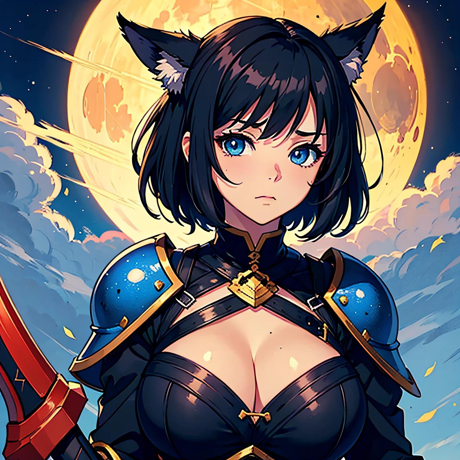 a shy adult girl with black short hair, blue eyes, black fox ears, Wearing a blue and golden armor holding a huge red sword, kind, friendly, masterpiece, best quality, soft focus, ultra detailed textures and pixels, trending on facebook, high quality, by a-1 pictures studio, eclipse fullmoon night scene closeup, 8k perfect ultra detailed anime photo by professional artists lw --auto