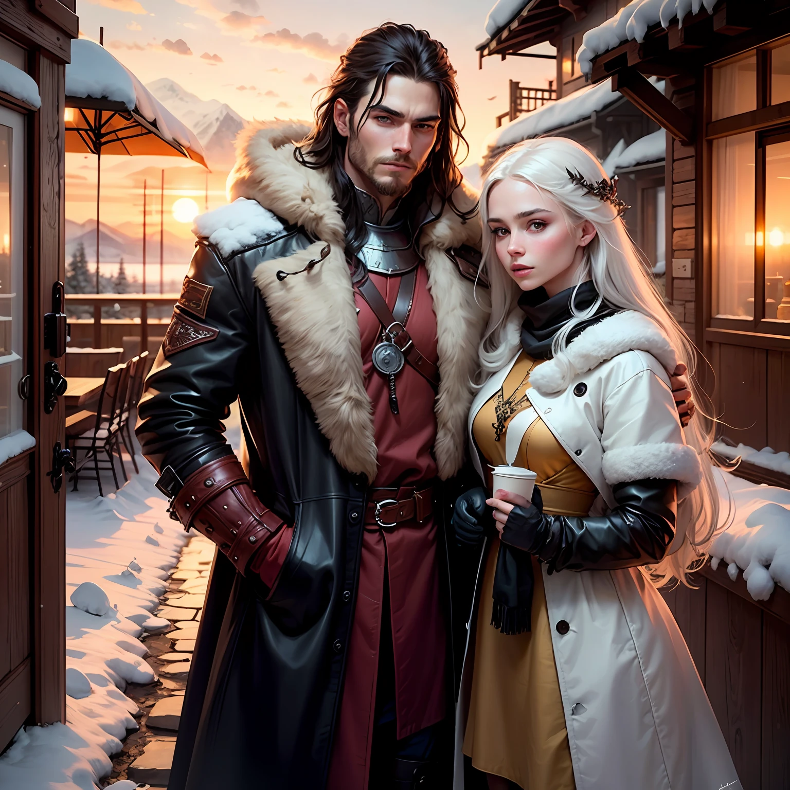 Fantasy Couple of characters. Medieval scene in the snowy mountains. The man is young, tall, with very long dark hair and furry leather clothes suitable for winter, and resembles a Viking with tattoos. The man carries a sword. The woman is of short stature, young, incredibly beautiful, delicate, white hair, with long straight hair, light blonde straight hair, wearing winter archer clothes. They are in a mountainous place covered with snow in the light of the sunset. Perfect detailed faces, hyper-detailed, painting. Mucha realistic, sunset light. Amazing color hyperrealistic cover photo. --auto