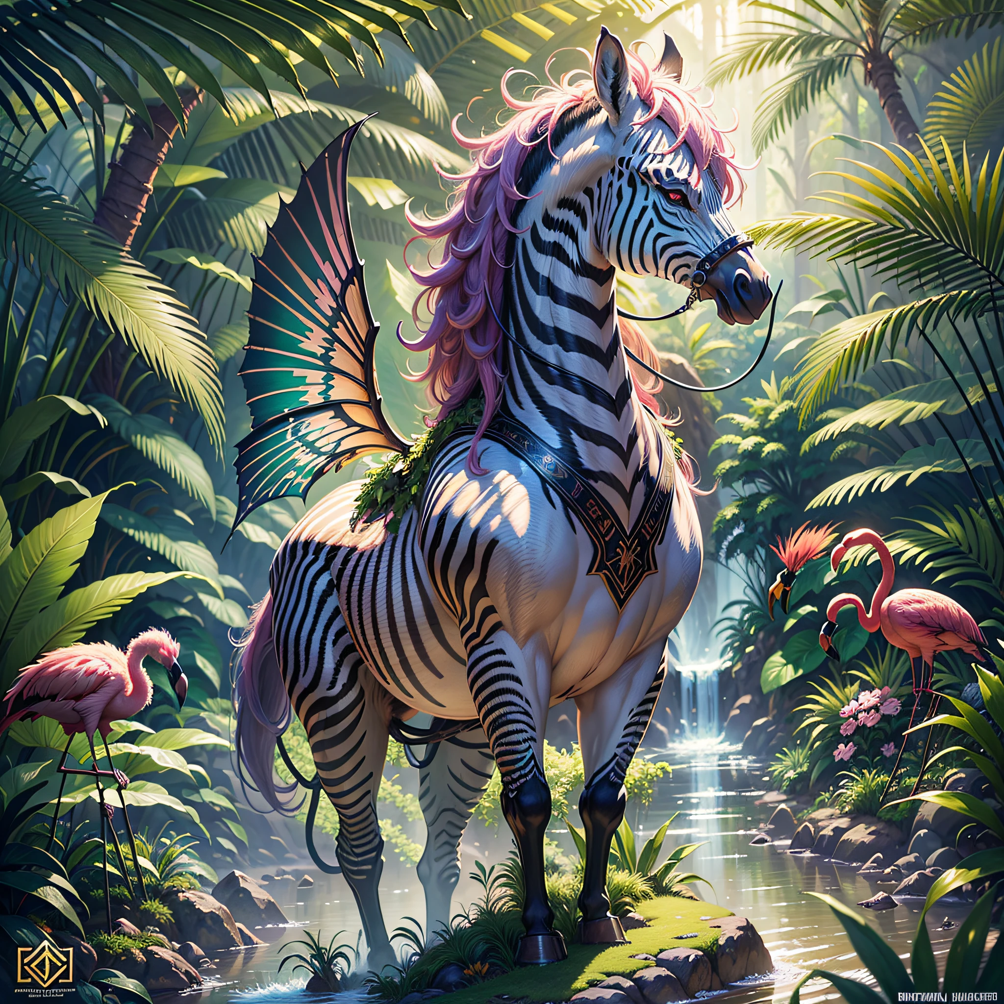 In a mountainous dense tropical jungle, gnomes and magical fairies, a winged zebra flying in the background and flamingos in a dense jungle, dense tropical jungle, lush palm trees, wet foliage after heavy rain, sunset shining through the leaves of the trees, beautiful digital artworks, magnificent animals, Beeple and James Jean, Beeple and Tim Hildebrandt, digital fantasy illustration, highly detailed digital painting, behance quality, stunning digital illustration, award-winning painting, highly detailed digital art, beautiful digital illustration, artstation, artstation trend, cinematic lighting and HDR on stage IA, chromatic aberration, depth of field, intricate, bokeh, trend in CGsociety, dramatic, axis of the sun, masterpiece, (masterpiece, best quality: 1.2), 1time of heavy rain, creating a mystical situation of enchantment, behance trend, zebra standing on a rock in a tropical jungle with a waterfall, fantasy jungle, lush oasis, mysterious jungle painting, beautiful jungle, magical jungle, highly detailed 4k digital art, 4k detailed digital art, jungle landscape, inspired by T.I. Hildebrandt, behance fantasy art