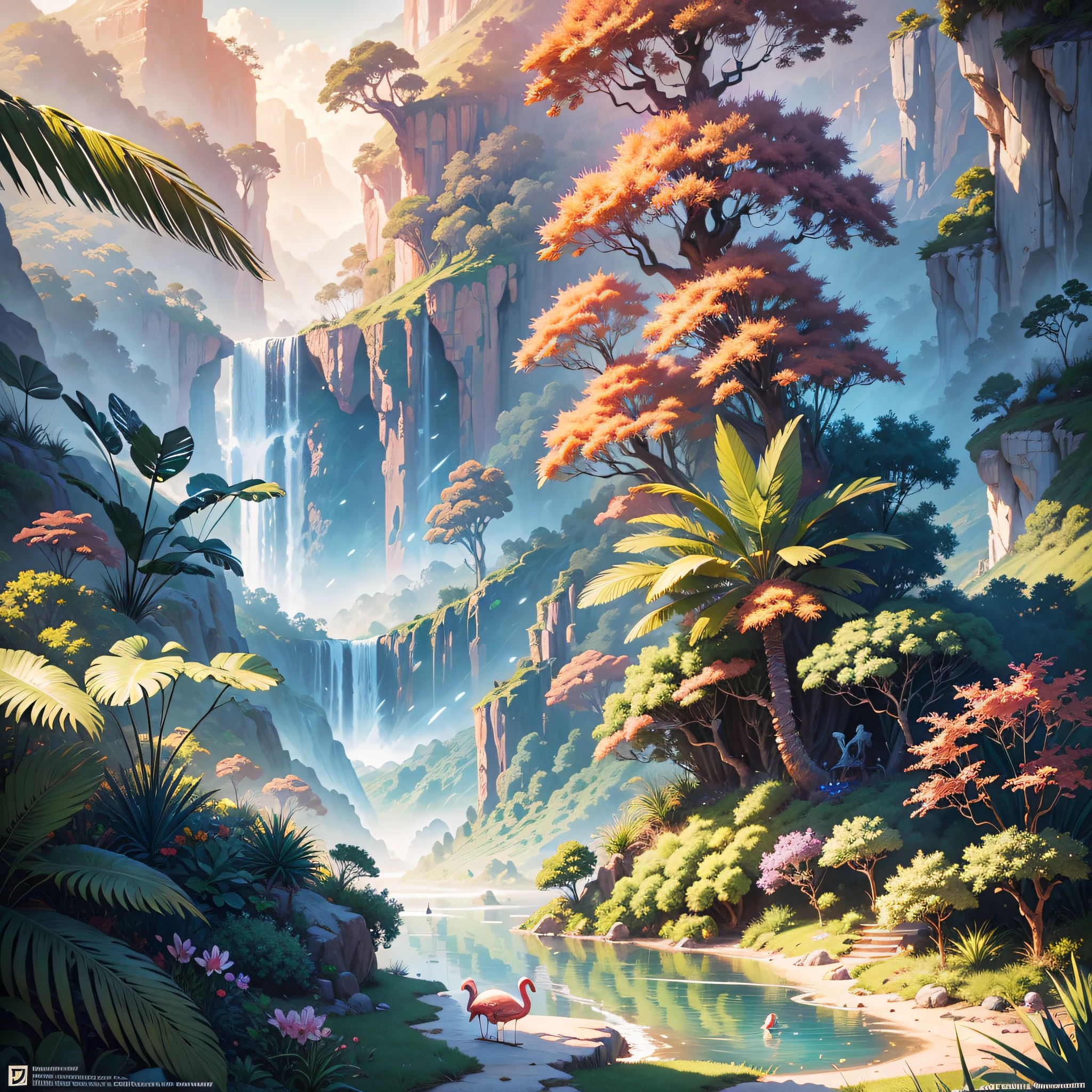 In a mountainous dense tropical jungle, gnomes and magical fairies, a winged zebra flying in the background and flamingos in a dense jungle, dense tropical jungle, lush palm trees, wet foliage after heavy rain, sunset shining through the leaves of the trees, beautiful digital artworks, magnificent animals, Beeple and James Jean, Beeple and Tim Hildebrandt,  digital fantasy illustration, highly detailed digital painting, behance quality, stunning digital illustration, award-winning painting, highly detailed digital art, beautiful digital illustration, artstation, artstation trend, cinematic lighting and HDR on stage IA, chromatic aberration, depth of field, intricate, bokeh, trend in CGsociety, dramatic, axis of the sun, masterpiece, (masterpiece, best quality: 1.2), 1time of heavy rain, creating a mystical situation of enchantment, behance trend, zebra standing on a rock in a tropical jungle with a waterfall, fantasy jungle, lush oasis, mysterious jungle painting, beautiful jungle, magical jungle, highly detailed 4k digital art, 4k detailed digital art, jungle landscape, inspired by T.I. Hildebrandt, behance fantasy art
