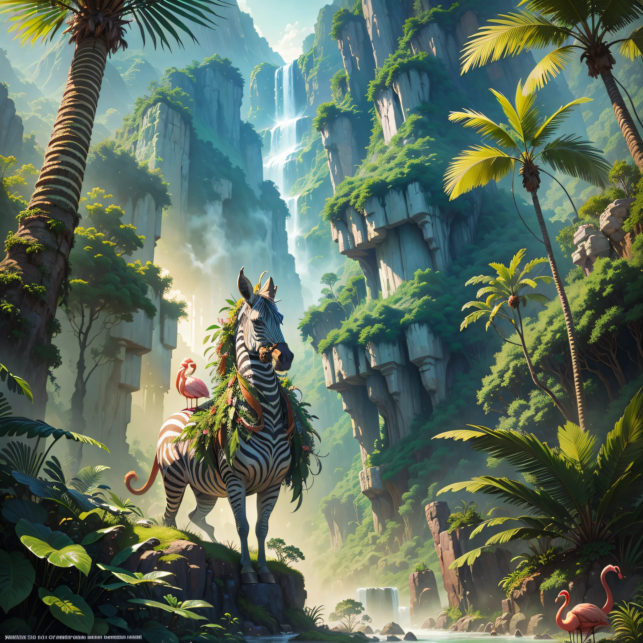 In a mountainous dense tropical jungle, towering trees, gnomes and magical fairies, a winged zebra flying in the background and flamingos in a dense jungle, dense tropical jungle, lush palm trees, wet foliage after heavy rain, sunset shining through the leaves of the trees, beautiful digital artworks, magnificent animals, Beeple and James Jean, Beeple and Tim Hildebrandt, digital fantasy illustration, highly detailed digital painting, behance quality, stunning digital illustration, award-winning painting, highly detailed digital art, beautiful digital illustration, artstation, artstation trend, cinematic lighting and HDR on the AI stage, chromatic aberration, depth of field, intricate, bokeh, trend in CGsociety, dramatic, axis of the sun, masterpiece, (masterpiece, best quality: 1.2), 1time of heavy rain, creating a mystical situation of enchantment, behance trend, zebra standing on a rock in a tropical jungle with a waterfall, fantasy jungle, lush oasis, mysterious jungle painting, beautiful jungle, magical jungle, highly detailed digital art 4k, detailed digital art 4k, jungle landscape, inspired by TIm Hildebrandt, behance fantasy art