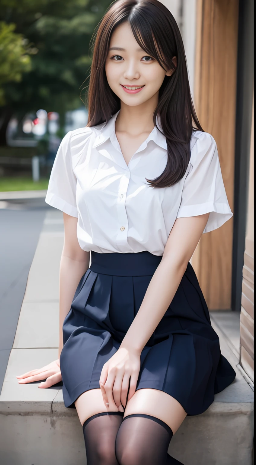 hig quality, Master peace、, 1人, 18歳, cute Japan girl, japanese high school uniform、Slender physique、smileing、super fine face、Straight Hair、bobbed hair、9頭身、beautiful feet、(Photorealistic photo:1.3), Rim Lighting, (high detail skin: 1.2), 8K UHD, Dslr, high picture quality, Highres, 4K, 8K, Bokeh, Absurdres, ベスト比4本指1親指, (Realstic:1.3)、White short-sleeved blouse、Eliminate wrinkles-free pleated skirt in dark blue surge fabric、, red neckribbon, Black Socks、Brown Student Shoes、Japan JK、