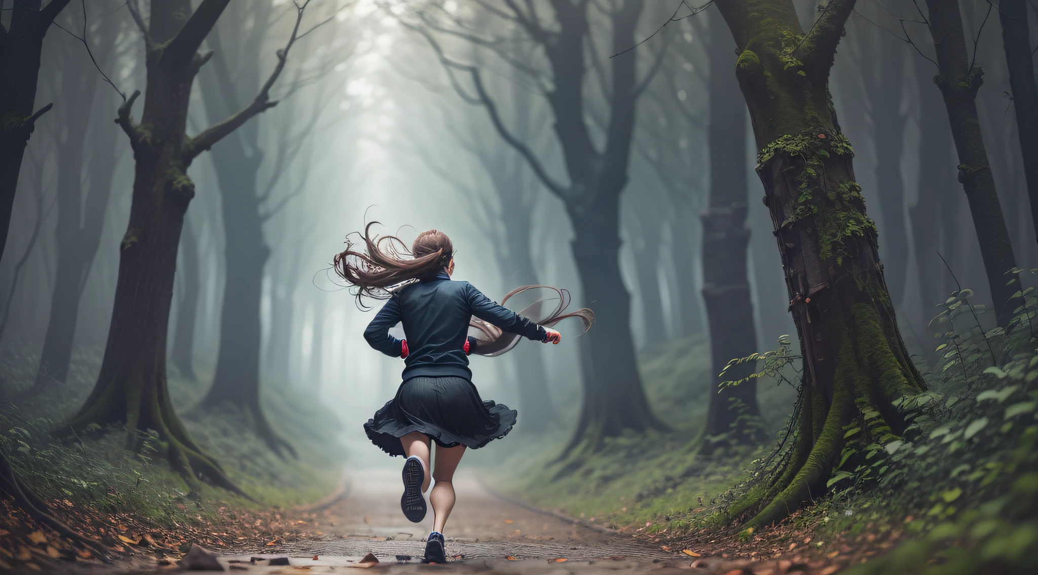 woman running in a haunted forest, horror mood