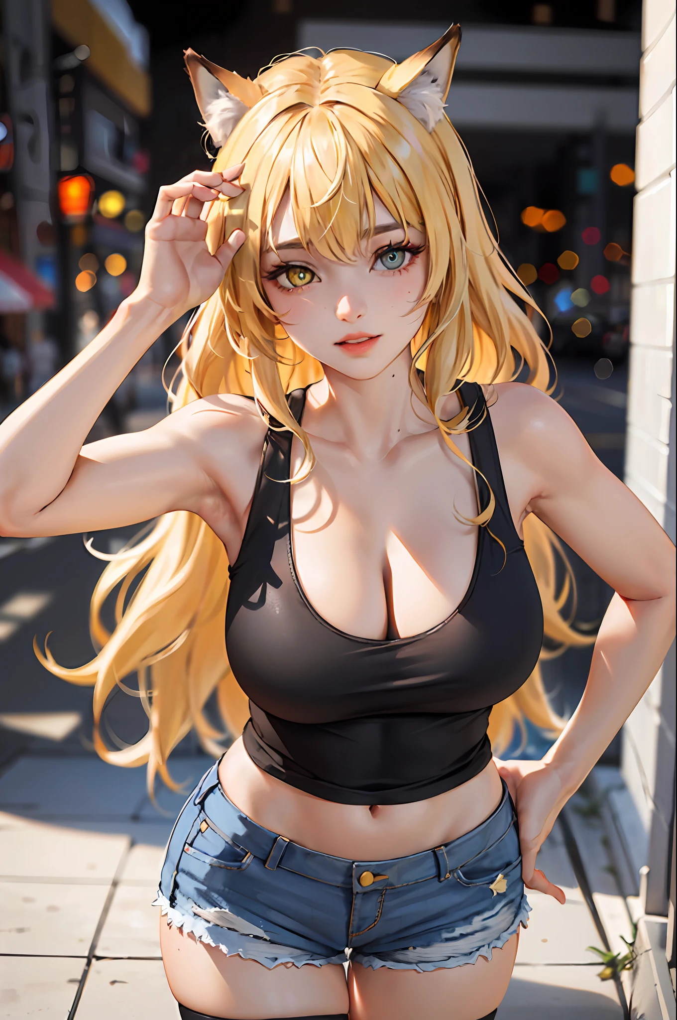 absurd, best quality, 1girl, solo, look at the viewer, eye focus, LucoaDM, CasualCL, shorts, tank top, hips, heterochromia, focus on the eyes, fox ears
ADCOMM
Green Eyes
ADDCOL
(black eyes: 1.5), slit pupils, light pupils, yellow pupils