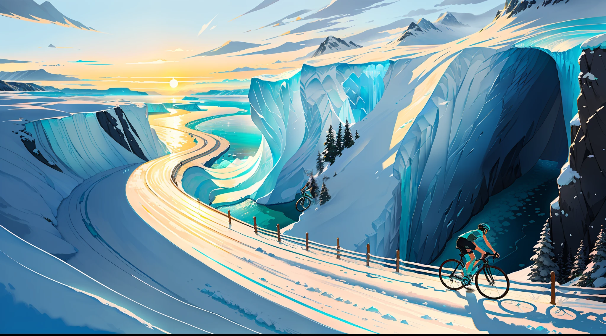 (bike: 1.5), (realistic bike: 1.5), (realistic cyclist: 1.5), back cyclist, Greenland, Ice canyon, Frozen cliffs, turquoise rivers, sun, shadows, contrast, makoto shinkai (Best quality: 1.3), (Highres:1) Art by Studio Ghibli Style, Impressionism, Vibrant colors