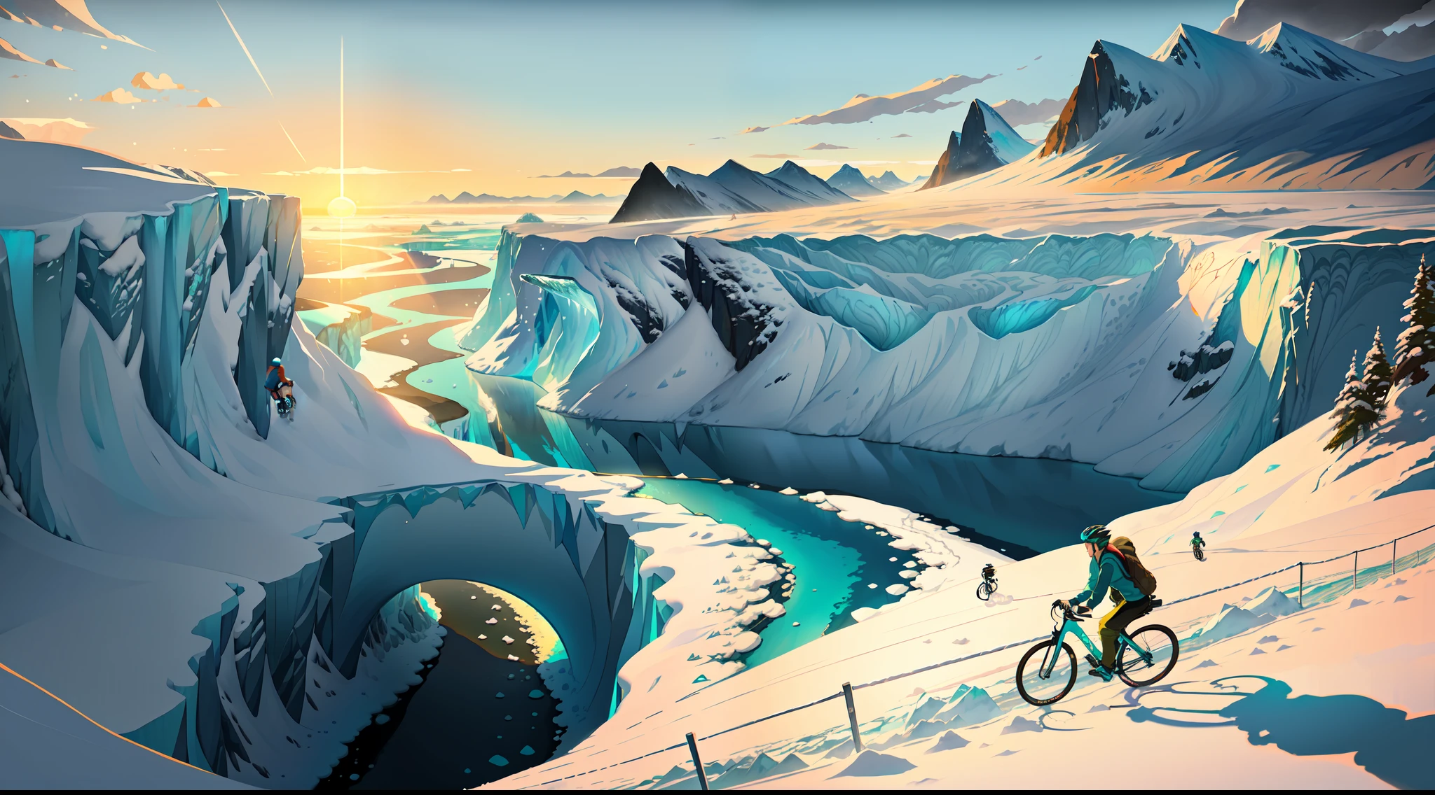 (bike: 1.5), (realistic bike: 1.5), (realistic cyclist: 1.5), back cyclist, Greenland, Ice canyon, Frozen cliffs, turquoise rivers, sun, shadows, contrast, makoto shinkai (Best quality: 1.3), (Highres:1) Art by Studio Ghibli Style, Impressionism, Vibrant colors