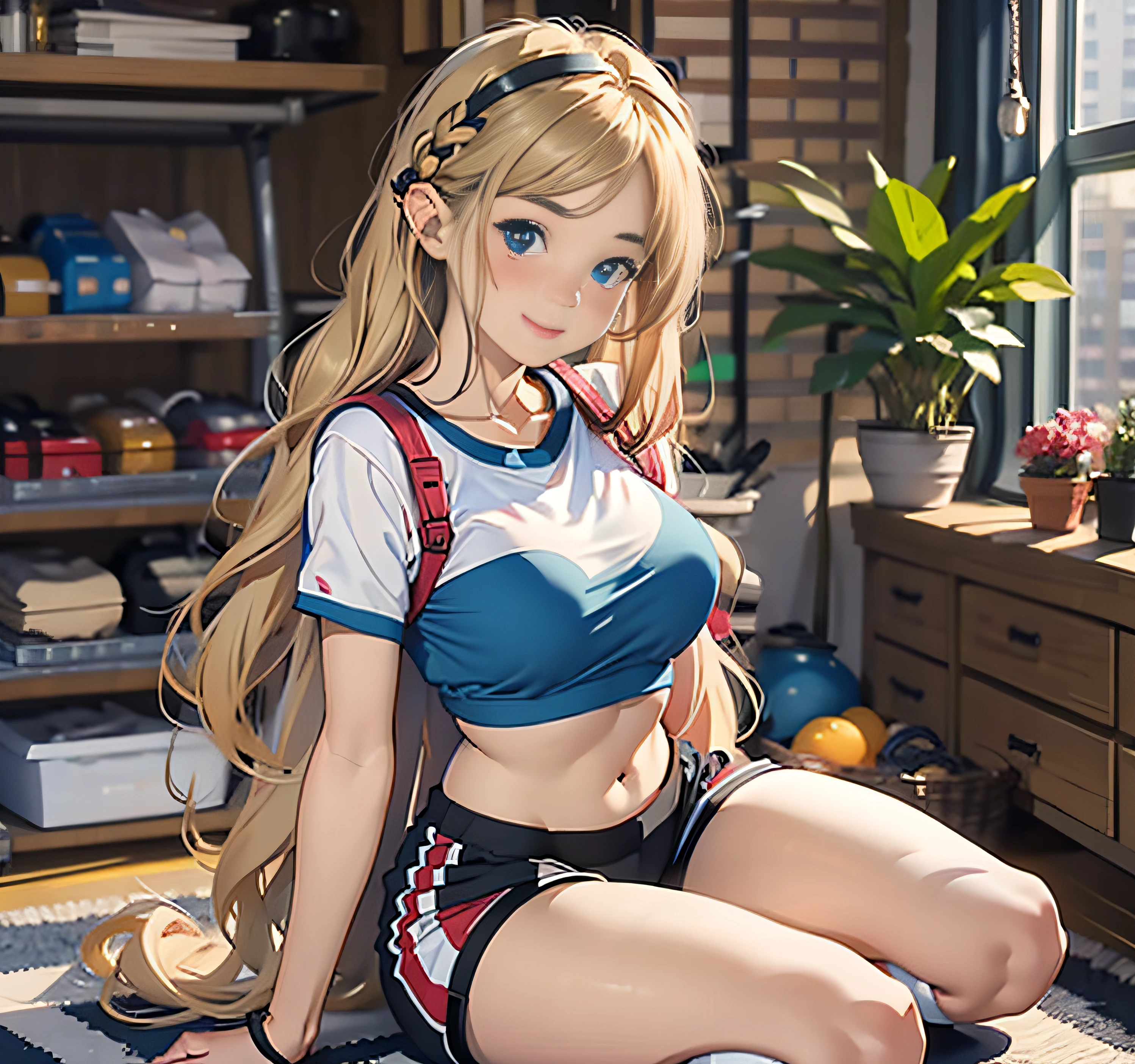 (masterpiece), high quality, detailed background 1girl, solo, BotwZelda, blonde hair, braids, long hair, hair ornament, blue eyes, (blush:1.3), looking at viewer, smile, bedroom, sitting, knees to chest, breast press, hugging own legs, from front, medium breasts, mature female, gym shorts, crop top, 1girl, beautiful woman in striped socks, big, kneeling, dynamic angle, ((beautiful eyes)),