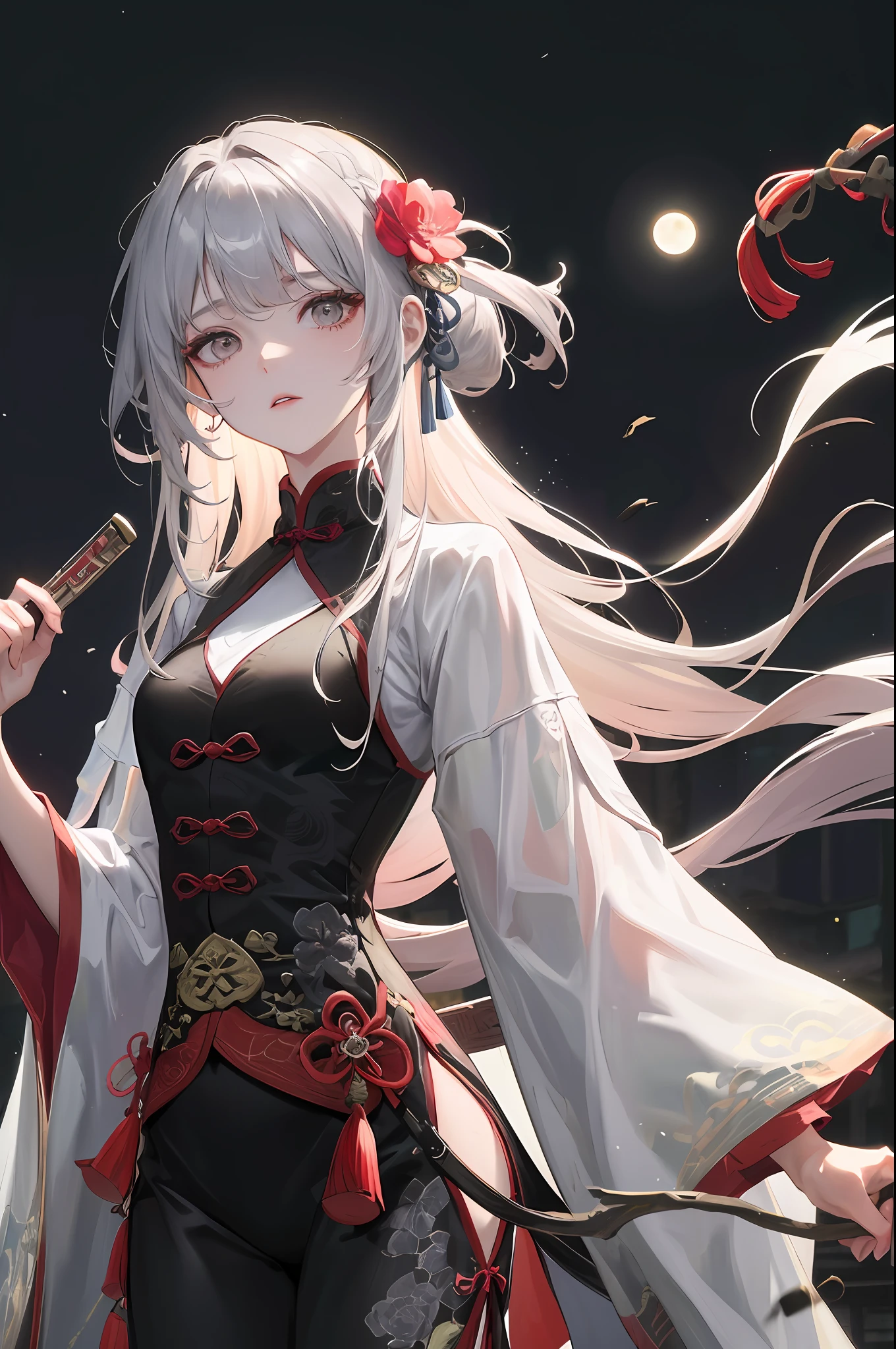 Masterpiece, Best, Night, Full Moon, 1 Female, Mature Woman, Chinese Style, Ancient China, Elder Sister, Royal Sister, Cold Face, Expressionless, Silver White Long Haired Woman, Pale Pink Lips, Calm, Intellectual, Three Belts, Gray Hitomi, assassin, dagger, flower ball background, street view
