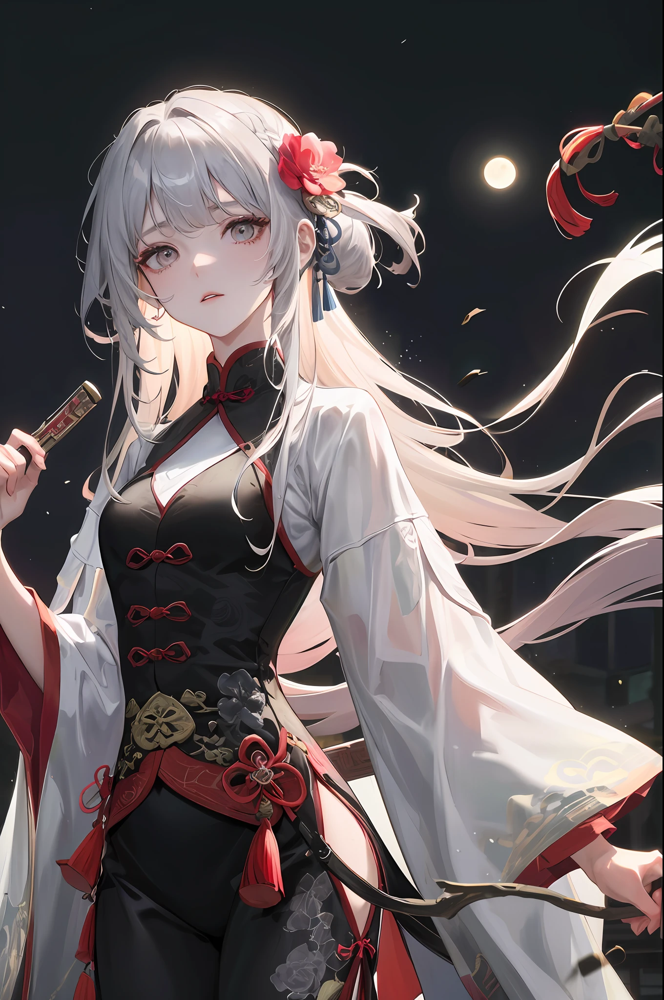 Masterpiece, Best, Night, Full Moon, 1 Female, Mature Woman, Chinese Style, Ancient China, Elder Sister, Royal Sister, Cold Face, Expressionless, Silver White Long Haired Woman, Pale Pink Lips, Calm, Intellectual, Three Belts, Gray Hitomi, assassin, dagger, flower ball background, street view