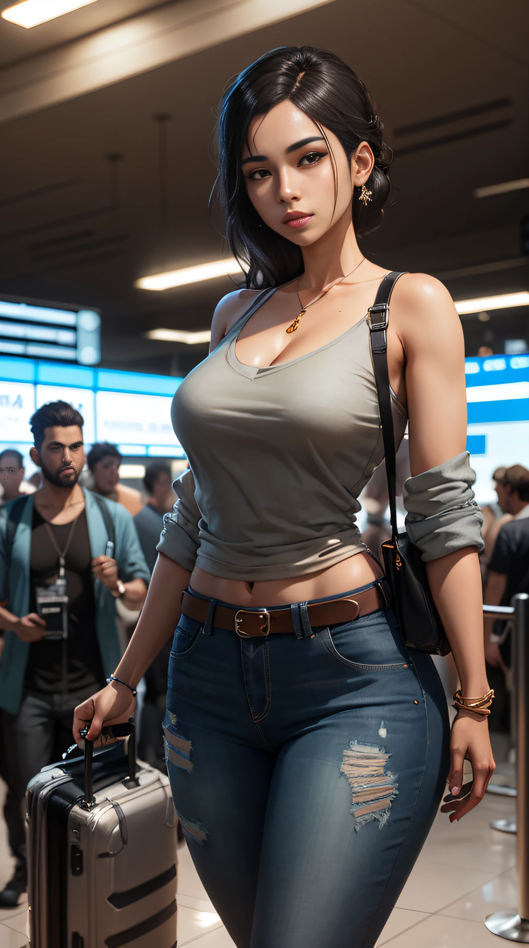 a girl good looking pale young Indian doctors wearing jeans in the crowded airport, light and shadow effects, intricate, highly detailed, digital painting, art station, concept art, smooth, sharp focus, illustration, advanced digital anime art, atmospheric lighting, detailed face, by makoto shinkai, stanley artgerm lau, wlop, rossdraws, art by artgerm and greg rutkowski