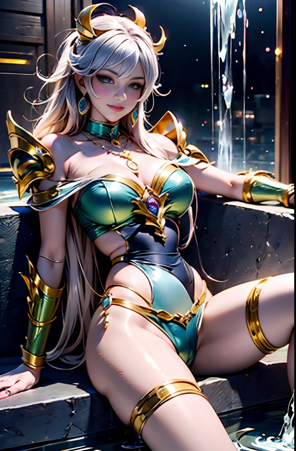 Saigarius Saint Seiya in cyberpunk style, (open legs bent and raised: 1.5) (God of War) (Saint Seiya: 2) (Gold armor: 2), (Gold texture: 1.5) on stomach, reclining (open air) (hips) Panties for the audience to see (off-the-shoulder) (with countless super gems) (super large gem pendant: 2), crazy details (with water flowing through the body: 1.5) Full body, stockings, (kicks: 2), aristocratic details, panorama, full length, full frame, epic pose, (gorgeous jewelry) yellow hair (necklace earrings) pendant, (set + big gemstones), large diamonds, gold, ruby), waterfall, next to the bath, unrealistic engine style, detailing, ultra-realistic, boca effect, shot in the style of David La Chapelle, Bioluminescent color palette: lilac, pale pink, bright white, wide angle, ultra-fine, cinematic still life, vibrant, WLOP and Sakimichan, Artgerm style, underboob, Perfect eyes, highest image quality 16K, inspired by Harry Winston, shot on the Canon EOS R 6, masterpiece