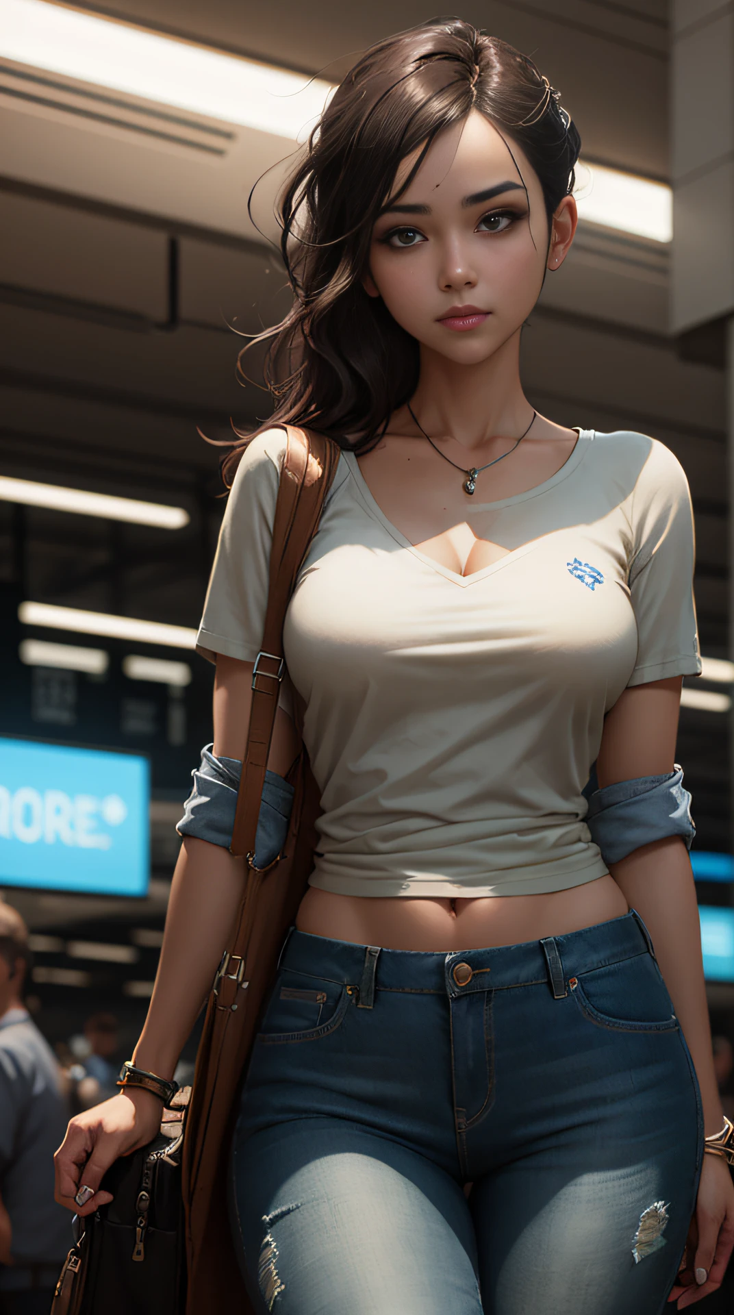 a girl good looking pale young Indian doctors wearing jeans in the crowded airport, light and shadow effects, intricate, highly detailed, digital painting, art station, concept art, smooth, sharp focus, illustration, advanced digital anime art, atmospheric lighting, detailed face, by makoto shinkai, stanley artgerm lau, wlop, rossdraws, art by artgerm and greg rutkowski