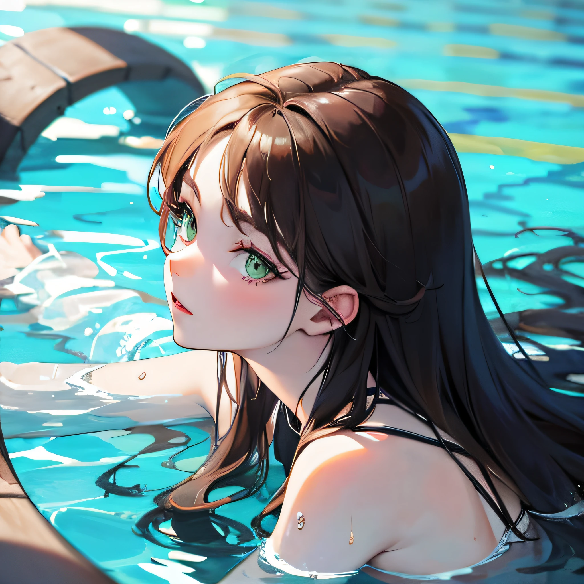 girl, perfect curves, beautiful face, green eyes, long hair, in the pool swimming --auto