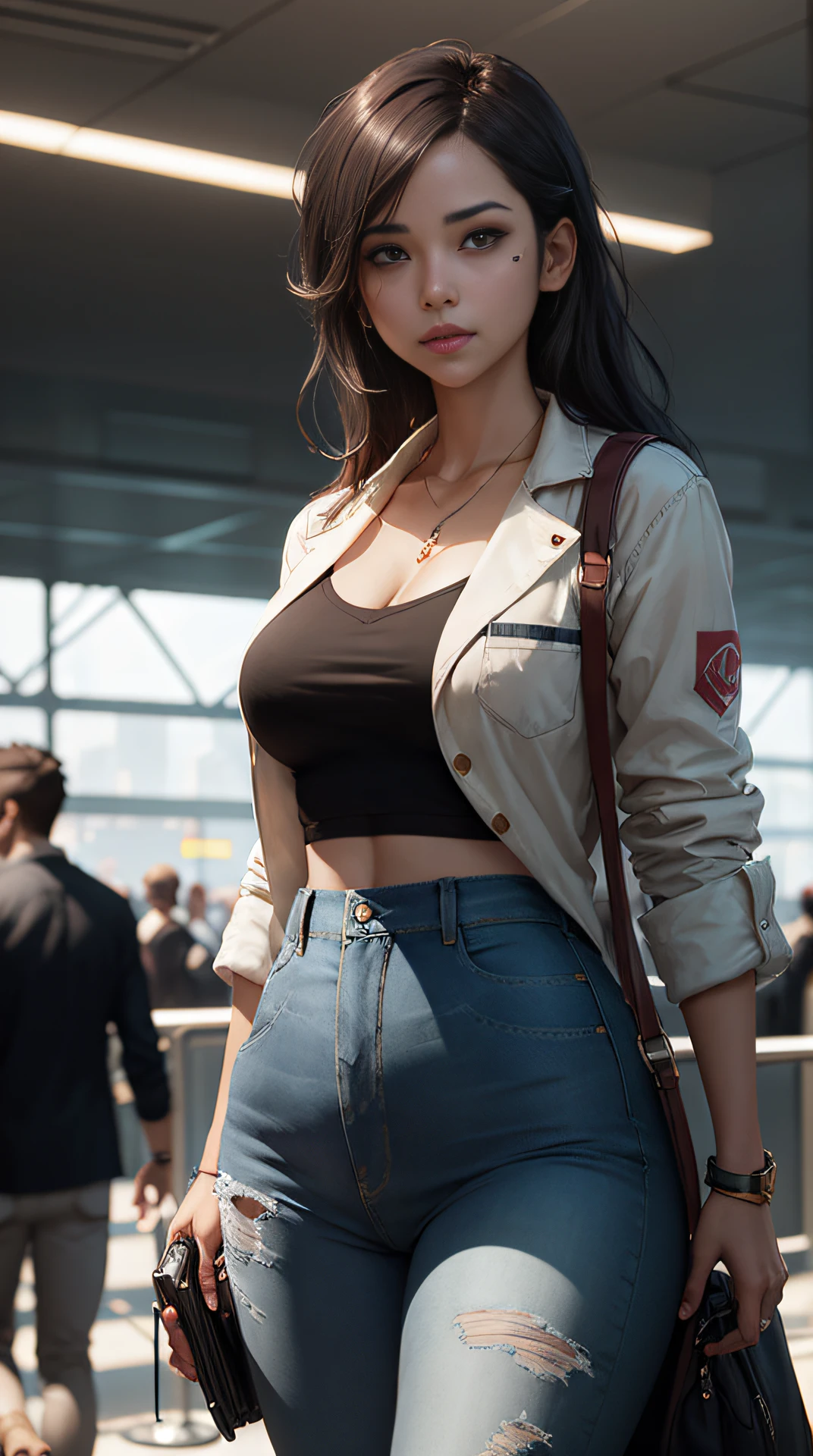 a girl good looking pale young Indian doctors wearing jeans in the crowded airport, light and shadow effects, intricate, highly detailed, digital painting, art station, concept art, smooth, sharp focus, illustration, advanced digital anime art, atmospheric lighting, detailed face, by makoto shinkai, stanley artgerm lau, wlop, rossdraws, art by artgerm and greg rutkowski