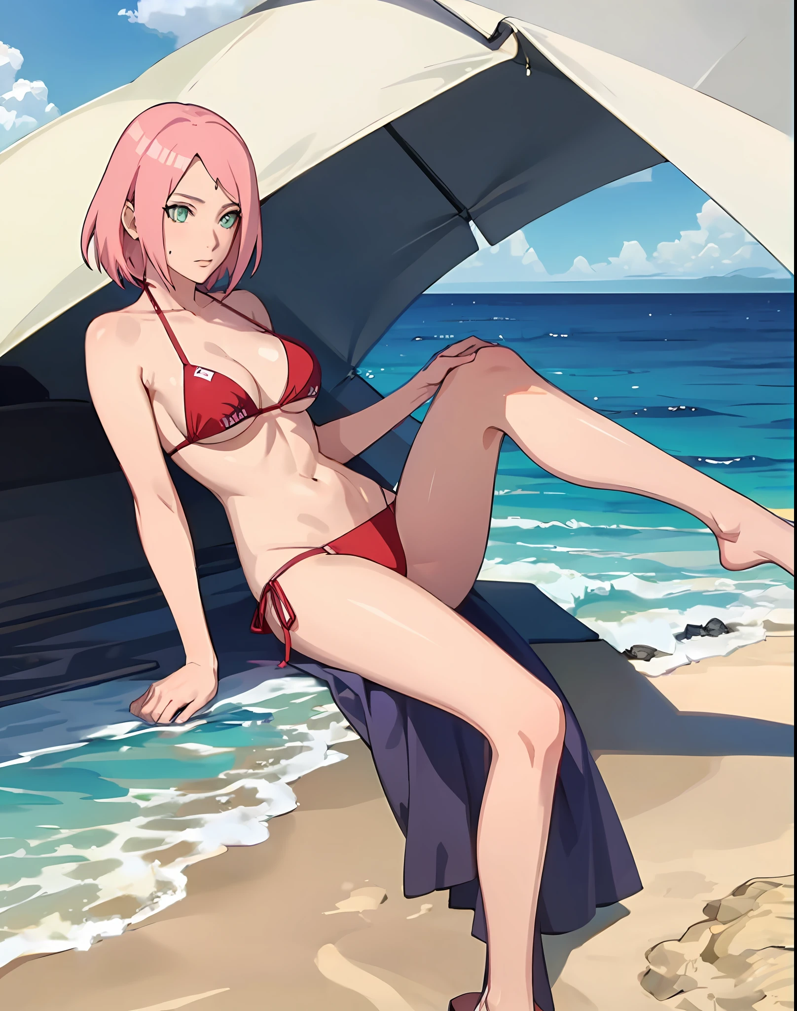 haruno sakura, side tie bikini, medium breast, slim legs, sunny day, Beach, leaning, beautiful eyes