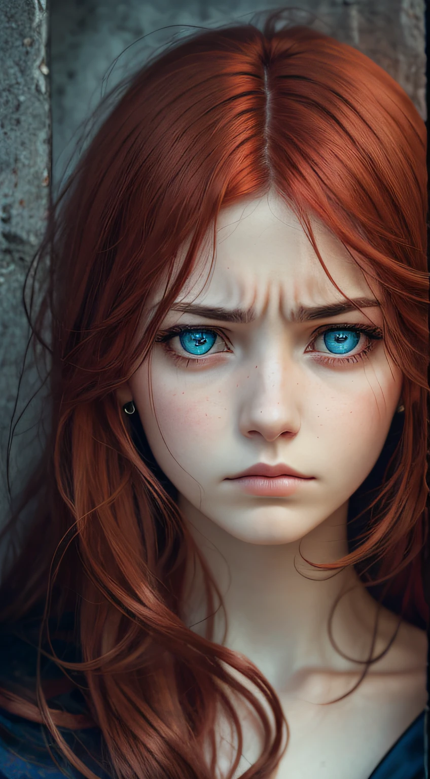 Young woman, sad, red hair, dark blue eyes, melancholic feature, portrait, wearing medieval clothes, sad image, sad eyes, dark background