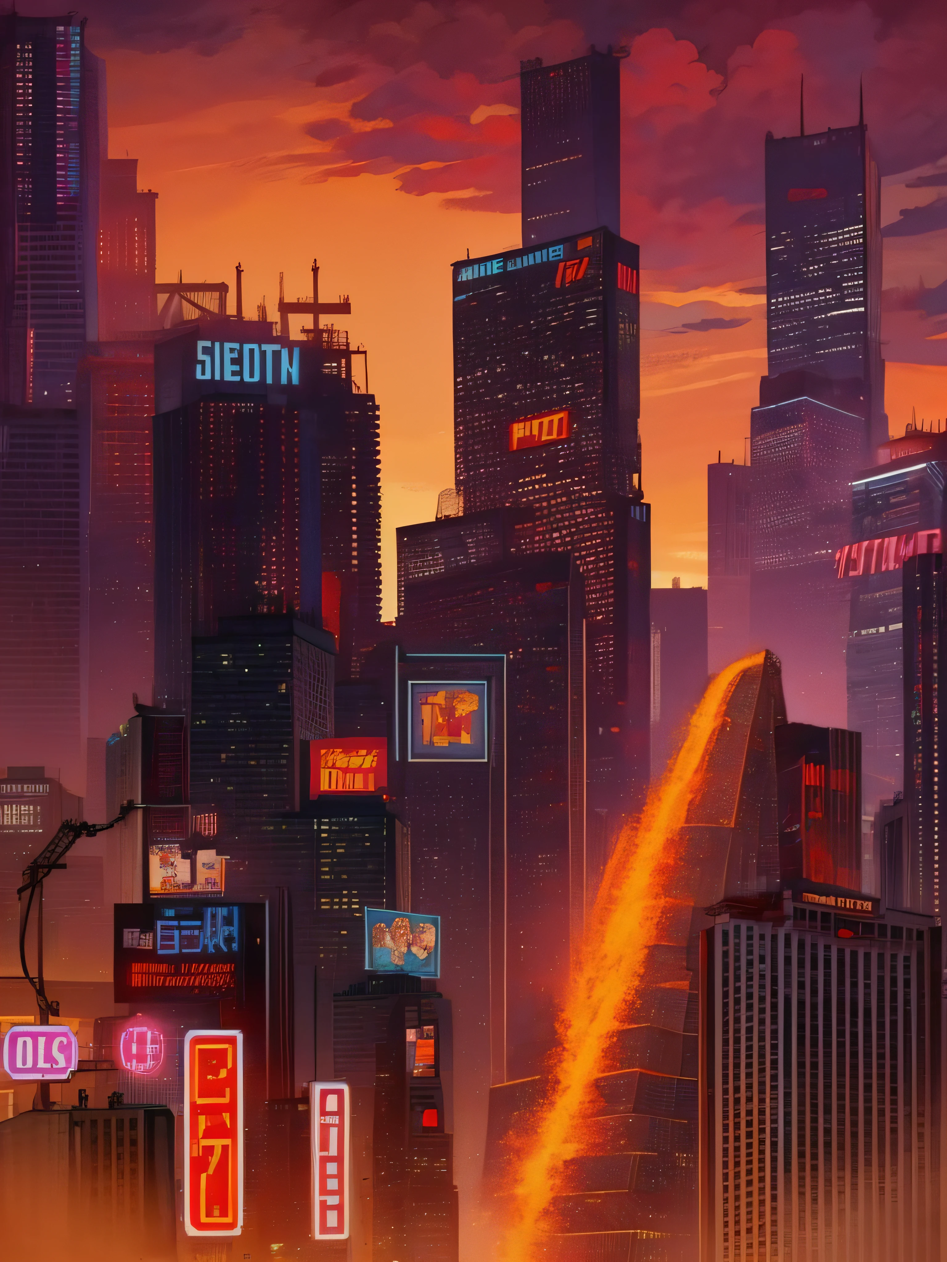 capa de jogo em pixel art, backdround de videogame, Los Angeles destroyed, dystopian cyberpunk city on fire, buildings with advertisements, in a chaotic sunset, estilo Demolition Man, Los Angeles anos 80, tons de laranja e preto