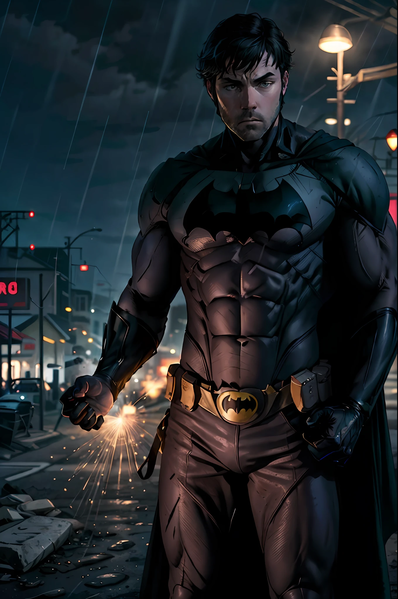 AS-Younger:1 1boy, dark scene, illustration (cowboy shot of Hugh ben affleck as batman), without mask, athletic, white eyes, without pupils, night city, (mist), particles, light rain, male focus, muscular, muscular, tattered and torn male, night, outdoors, rain, serious, dark atmosphere, detailed background, ((empty hands)), award-winning, masterpiece, hyperrealistic:1.35,
