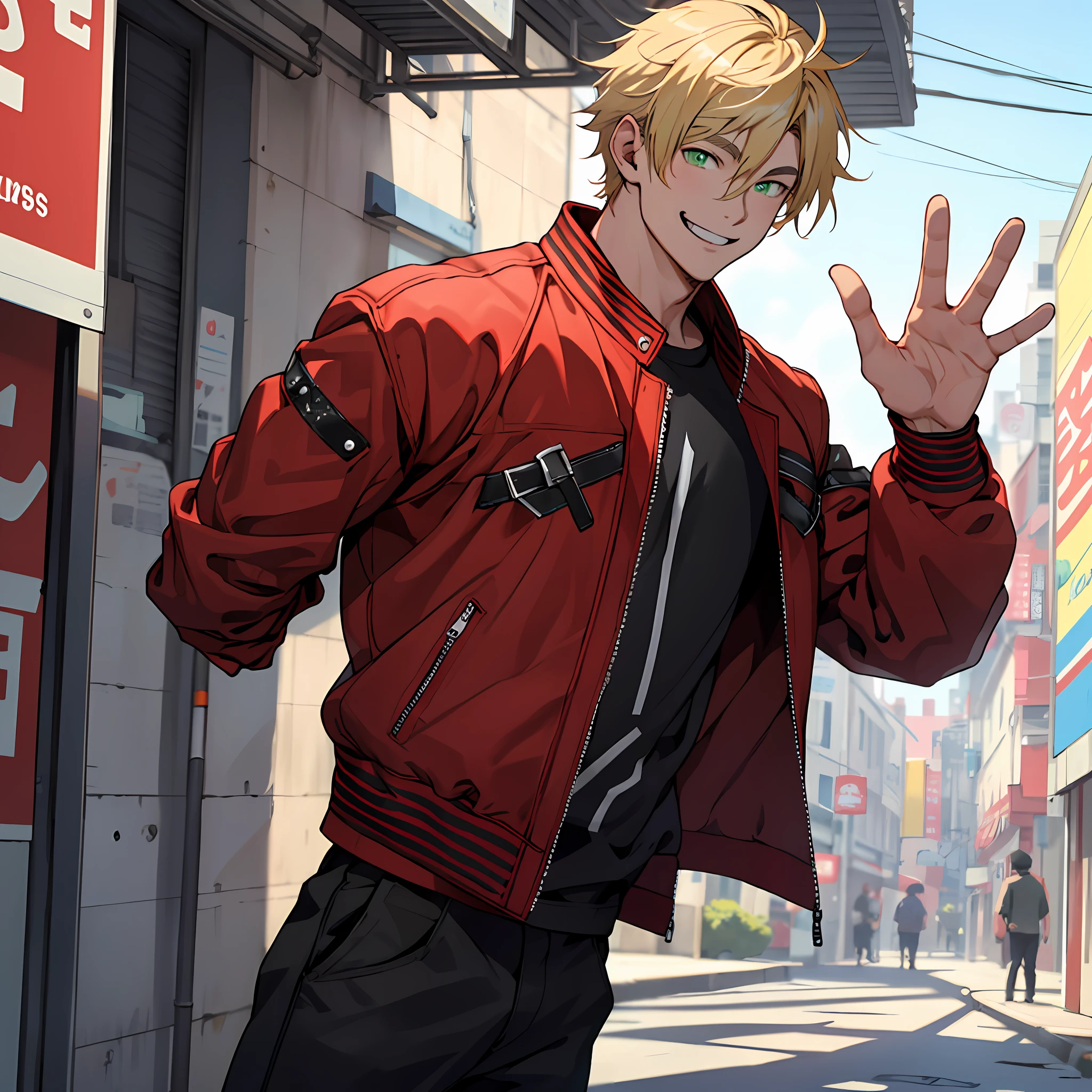 A 20-year-old man, blonde hair, green eyes, wearing a red T-shirt, black leather jacket, anime style, smiling, waving one hand, 5 fingers in hand