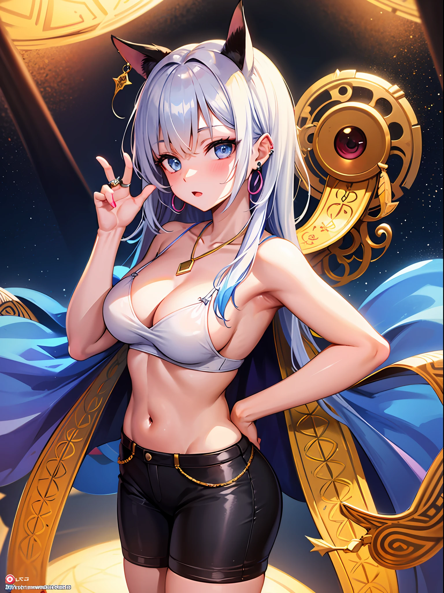 (butt), (sexy girl), masterpiece, best quality, 1girl, bangs, blush, breasts, collarbones, ear piercings, eyebrows visible through hair, jewelry, long hair, looking at the viewer, bright eyes, ring, (solo), illustration, fashionable, woman, posing, background, elements, confident, expression, accessory, majestic, eye-catching, focus, dynamic pose, ((thin))