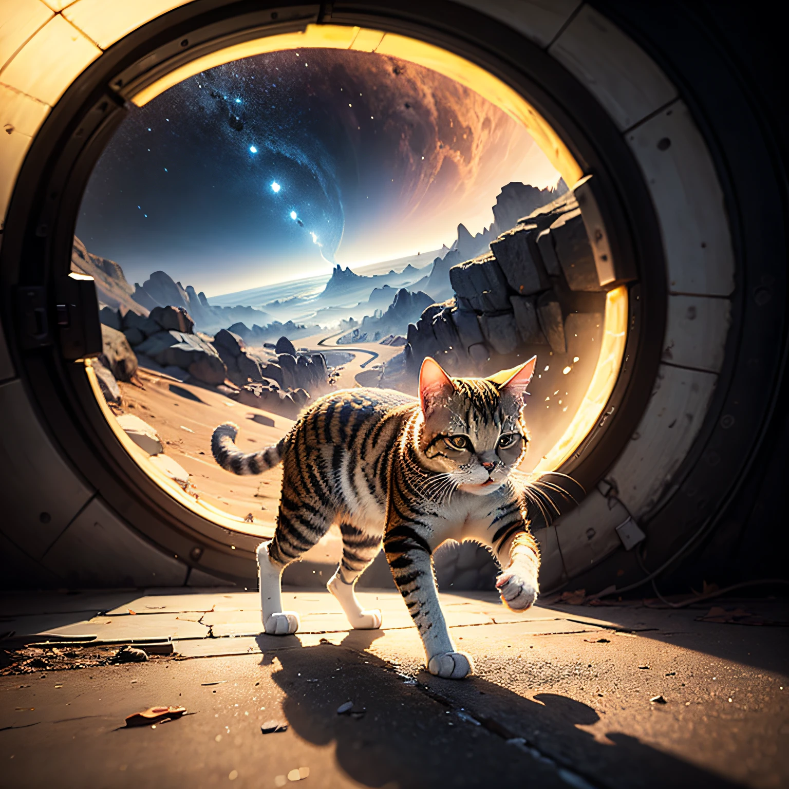 Landscape seen from afar of a feline walking on Jupiter toward a portal to another dimension --auto