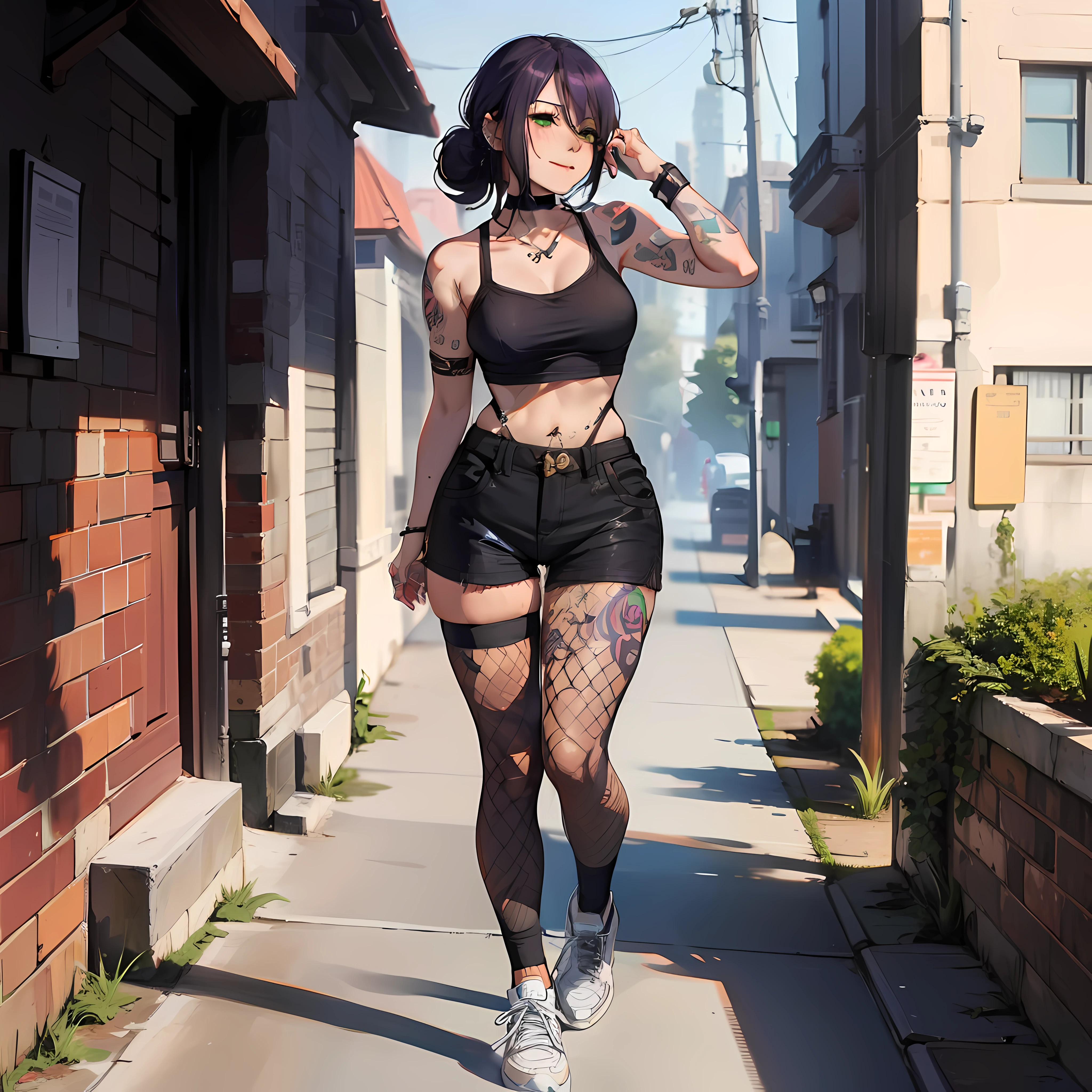 belly button piercing, full body shot, (very detailed background:1.0), (highly detailed background:1.0), (Masterpiece), High Quality, 1girl, woman, tattoo, irezumi, depth of field, dynamic lighting, high quality shadows, black crop-top, reze, purple hair, black shorts, ear piercings, sity, black fishnet tights, black high top sneakers, perfect face, green eyes, black choker