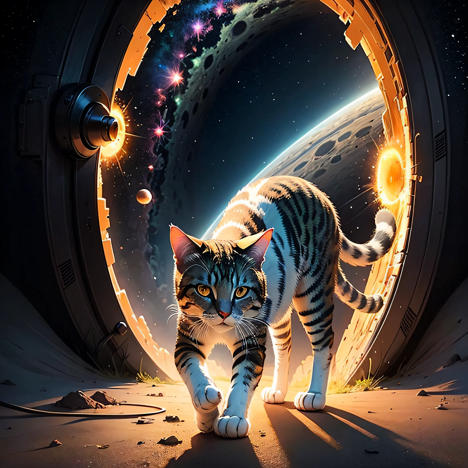 Landscape seen from afar of a feline walking on Jupiter toward a portal to another dimension --auto