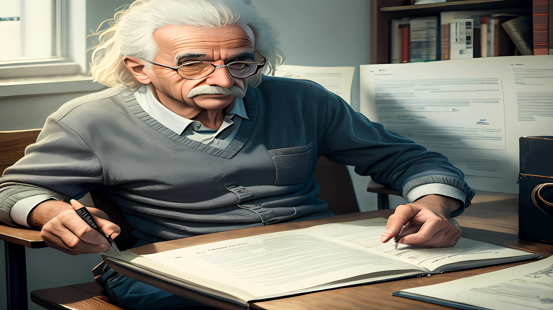 older man sitting at a table with a book and a pen, portrait of einstein, portrait of albert einstein, albert einstein, by Hristofor Zhefarovich, old scientific documents, portrait shot, professor calculus, einstein, old man doing hard work, portrait photo, by Edwin Georgi, an amazing photo, by Aleksander Gierymski