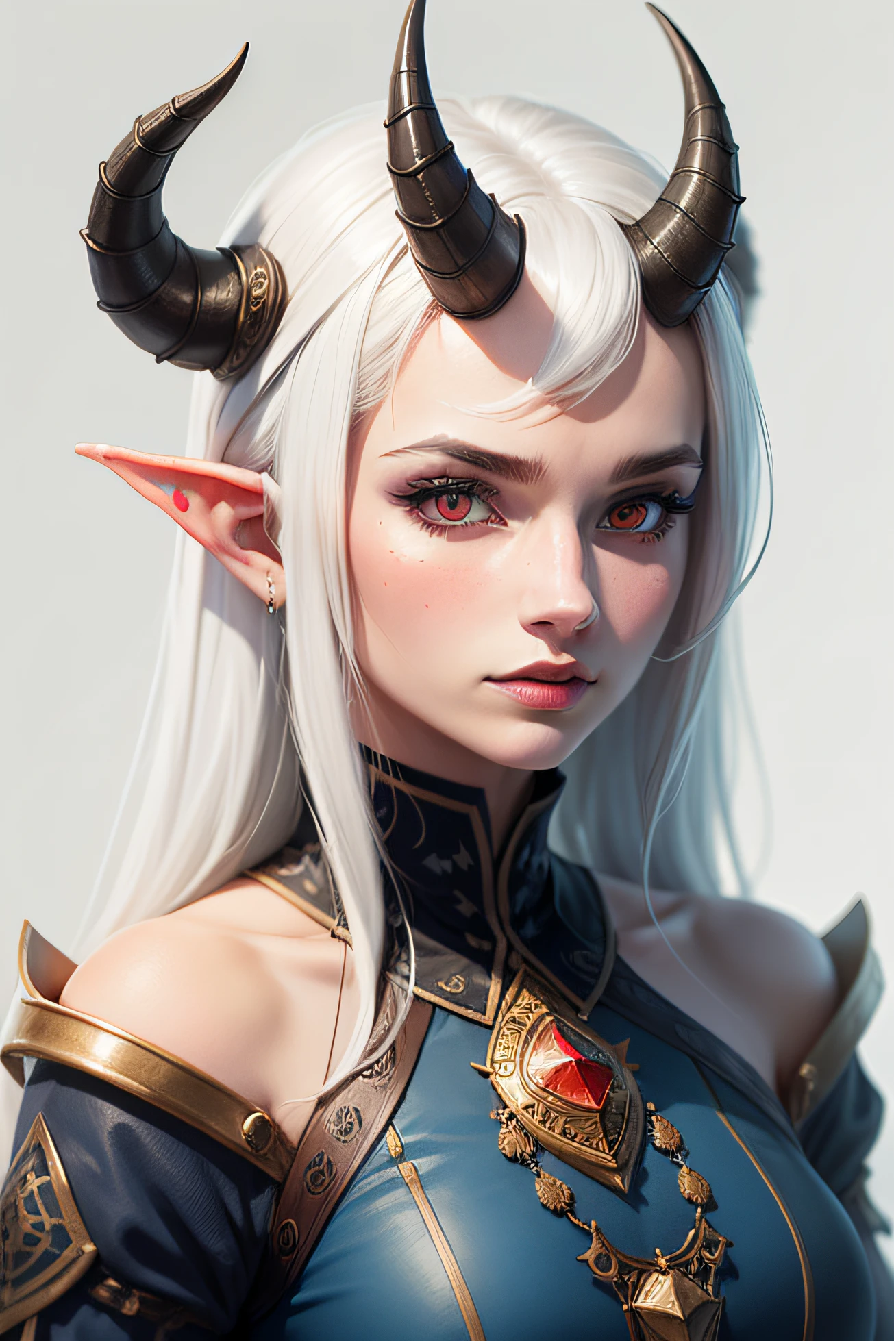 hand drawn portrait of a blue-skinned female tiefling with asymmetrical horns, white hair and red eyes, water color sketch, best quality, intricate details