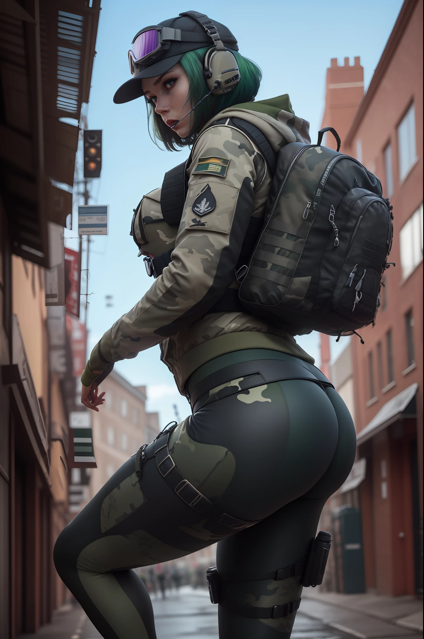 ela_(rainbow_six_siege), Masterpiece, Best Quality, 1girl, Camouflage, Solo, Green Hair, Backpack, Boots, Hat, Goggles, Hat, Goggles, Hat, Hat, Hat, Goggles, Ass, Pants, Look Viewer, Jacket, Hood, Bag, Short Hair, Headset, Blue Eyes, Camouflage Jacket, Gloves, Holster, Hood Down, Turnaround, Thigh Holster, Radio Antenna, Military, Headphones, Leggings, Closed Mouth, Camouflage Pants, Huge Ass, Outdoors, Green Berets