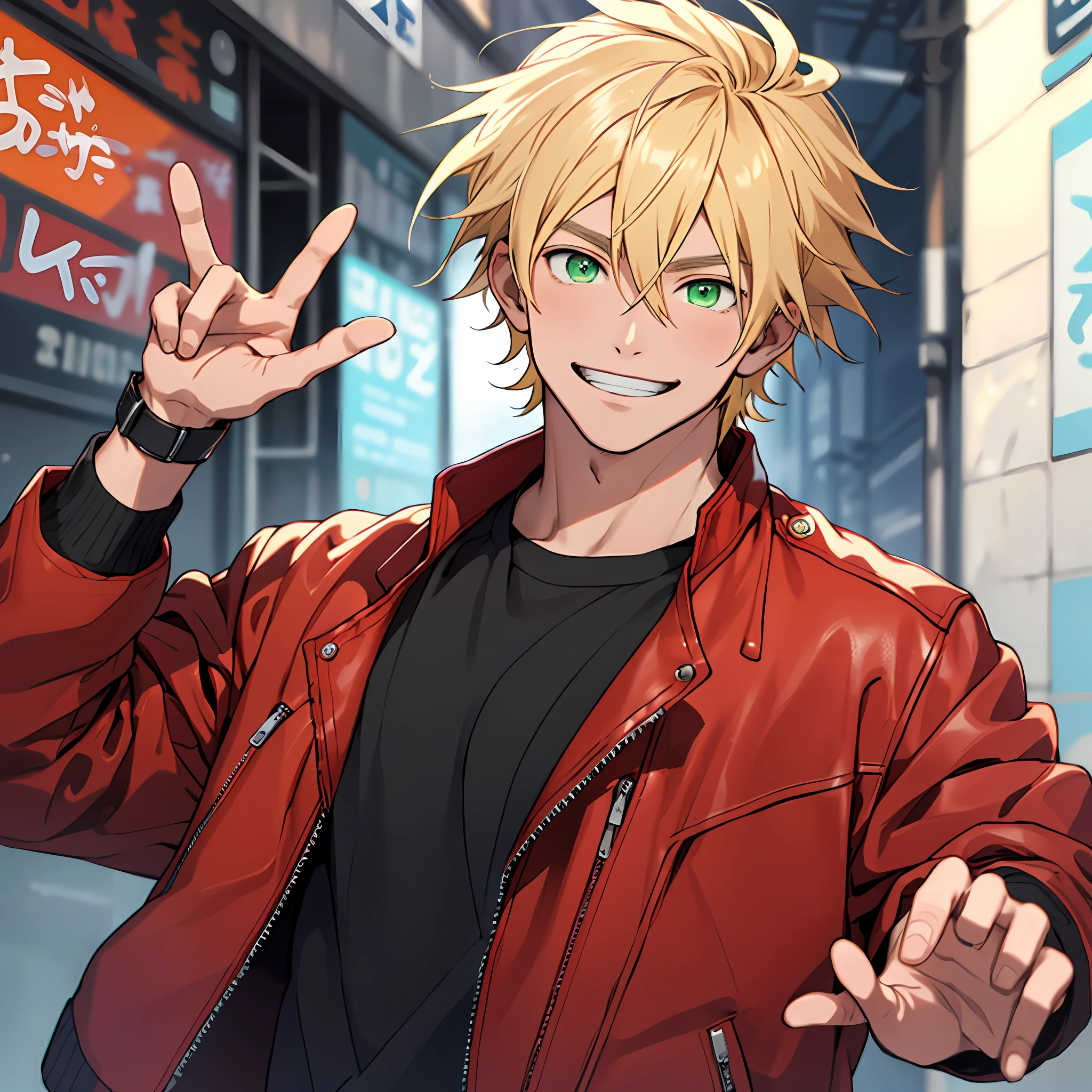 A 20-year-old man, blonde hair, green eyes, wearing a red T-shirt, black leather jacket, anime style, smiling, waving one hand, 5 fingers in hand