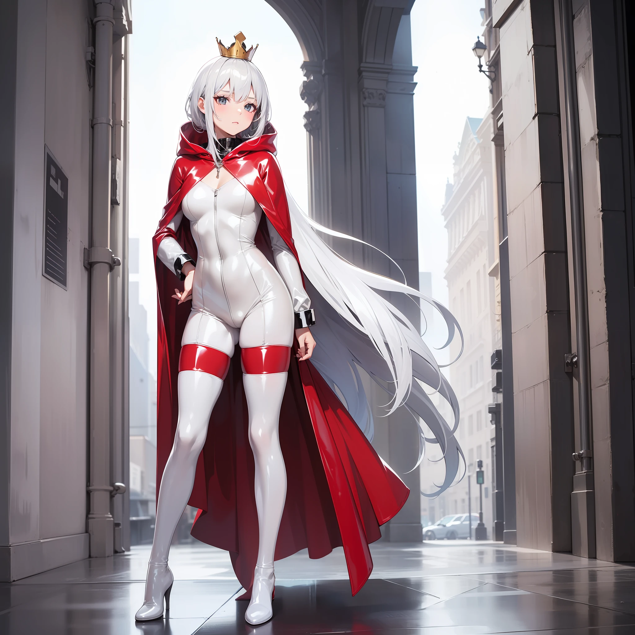 1girl, solo, mature female, white hair, (silver crown:1.2), latex wearing, full-body latex, long sleeves latex, latex thigh high, ((white colored latex:1.4)), shiny latex, (plain latex:1.2), (standing:1.2), red hooded cloak