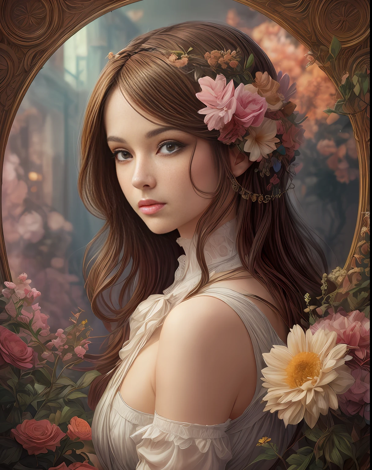 • FEMME, Mirela Anton art Style, artistic, Soft color palette, windblown flowers, Sparkle, magical photography, Soft smooth lighting, Light background, realistic photo, super detailed, 4k, High resolution, super fine sharp, High quality, Unique, with no text, watermark, poorly drawn hands, poorly drawn feet, poorly drawn face, out of frame, mutation, mutated, extra limbs, extra legs, grainy, extra arms, disfigured, deformed, cross-eye, body out of frame, blurry, blurred, bad art, bad anatomy, Poorly drawn, Long neck, Long face, Long body, Double head, Beautiful colors, 3d rendered, Alphonse Mucha, Ross Tran, stanley artgerm lau